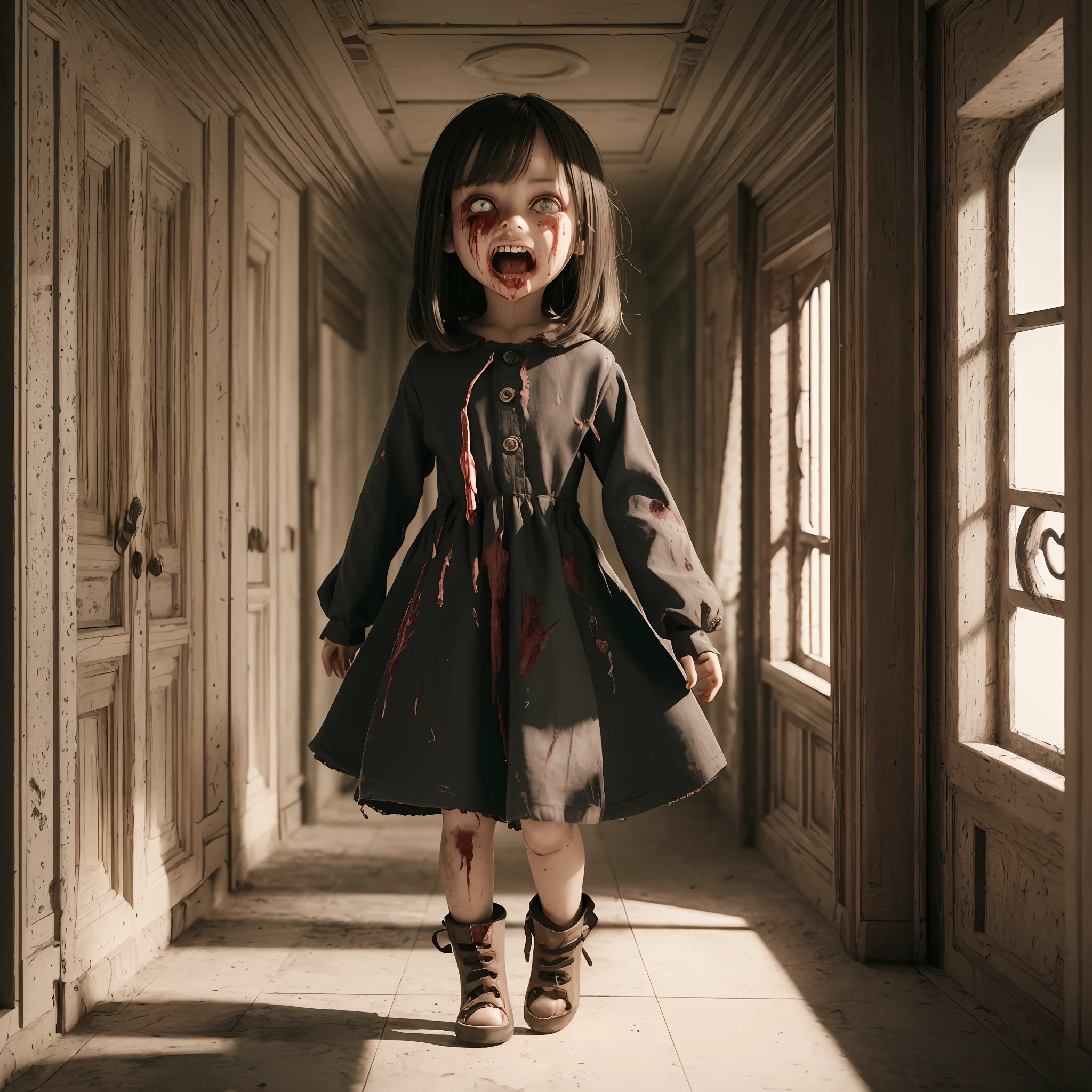 Top quality, 3d, realistic, real photo, cinema style, clay doll, horrifying, with deep dark eyes, huge mouth with pointed teeth with blood dripping, little hair, torn clothes, legs and arms elongated and crooked, in a dark and neon hallway --auto --s2