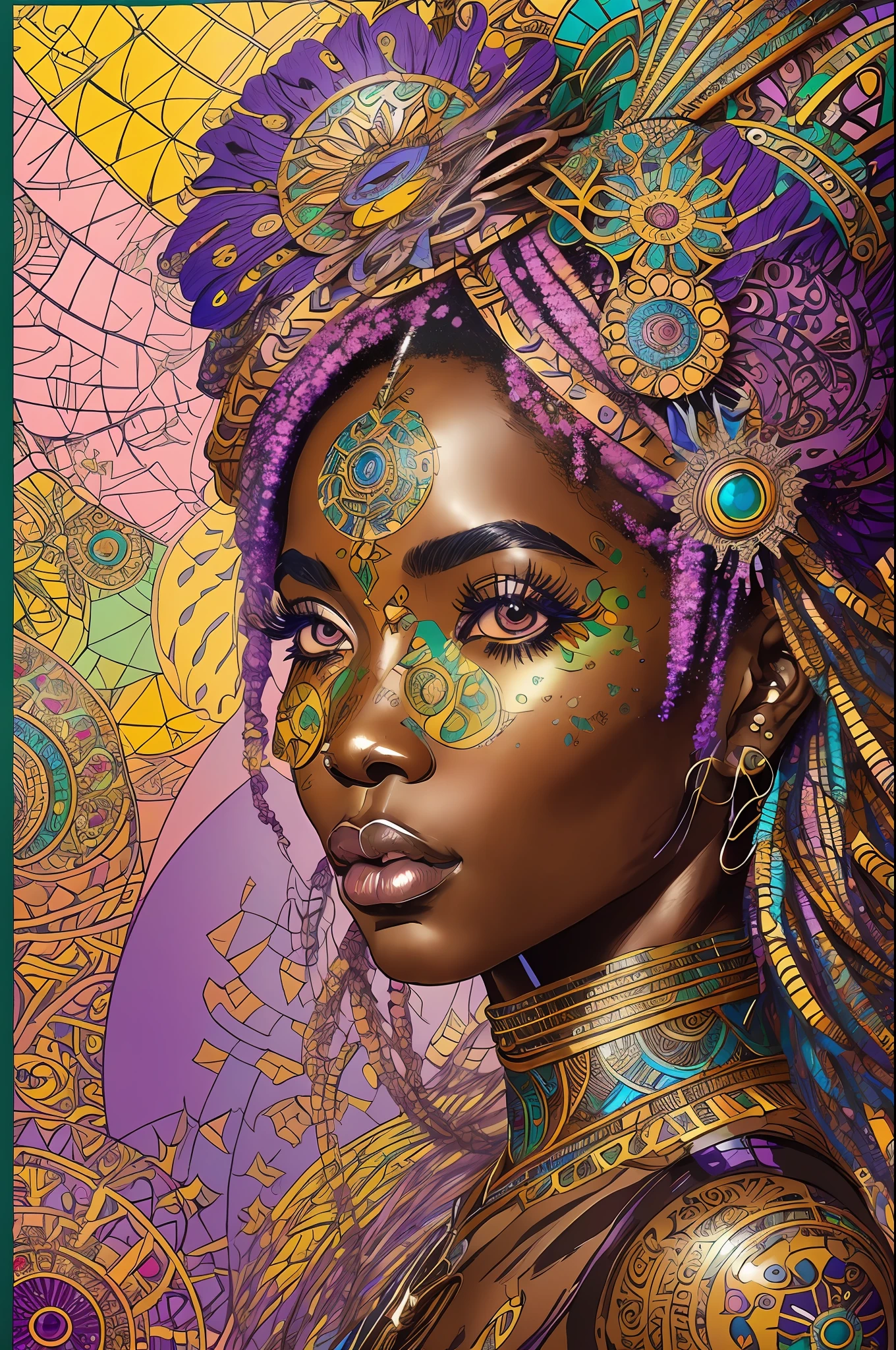 nvinkpunk, floral, steampunk (((African young-aged woman))), insanely beautiful woman, masterpiece, best quality, ((detailed face)), long messy hair, pastel colors, bright eyes, ((award winning)), (High Detail), Sharp, 8k, trending on artstation, intricate, floral - ar 3:4 --auto --s2