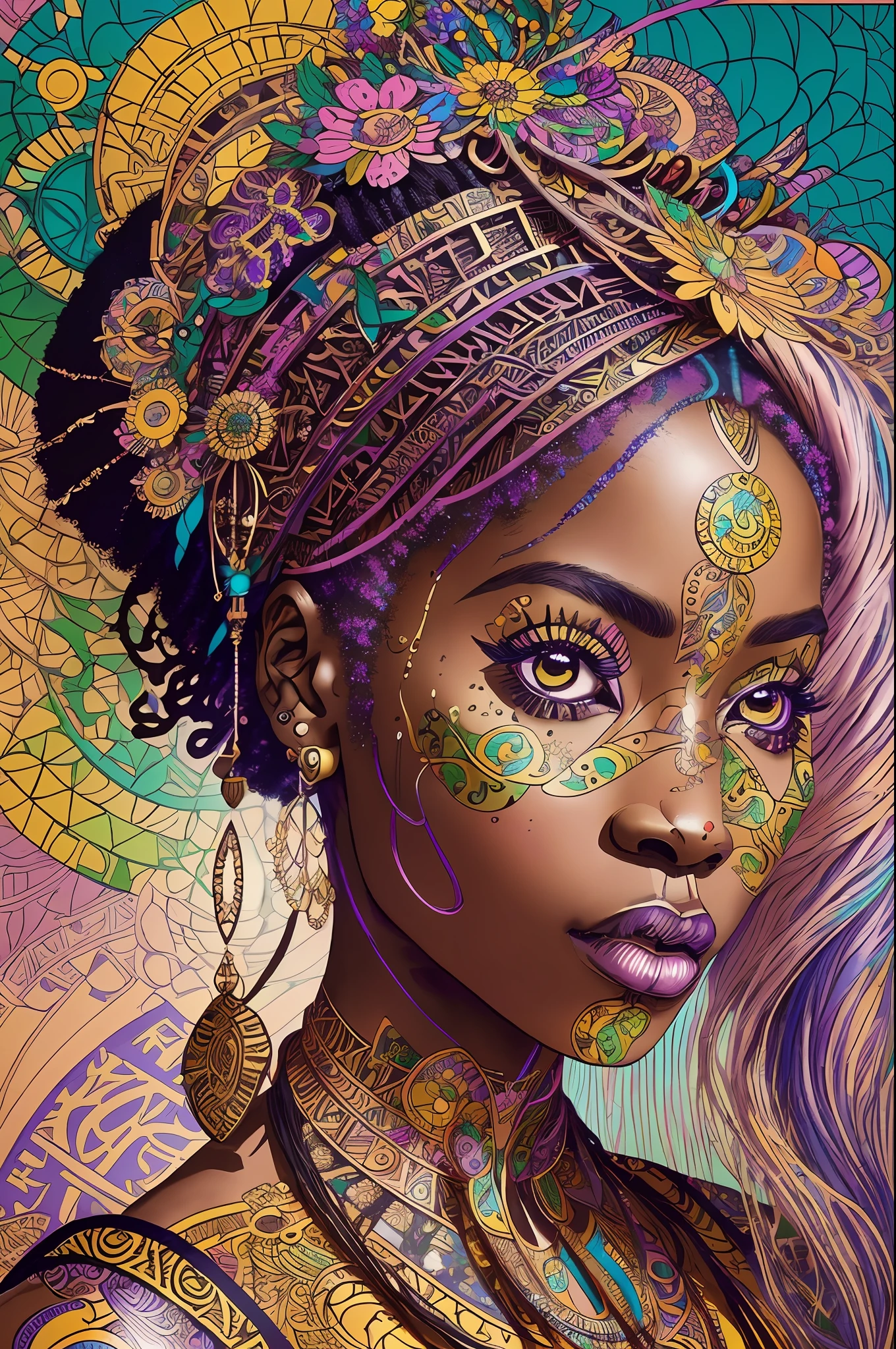 nvinkpunk, floral, steampunk (((African young-aged woman))), insanely beautiful woman, masterpiece, best quality, ((detailed face)), long messy hair, pastel colors, bright eyes, ((award winning)), (High Detail), Sharp, 8k, trending on artstation, intricate, floral - ar 3:4 --auto --s2