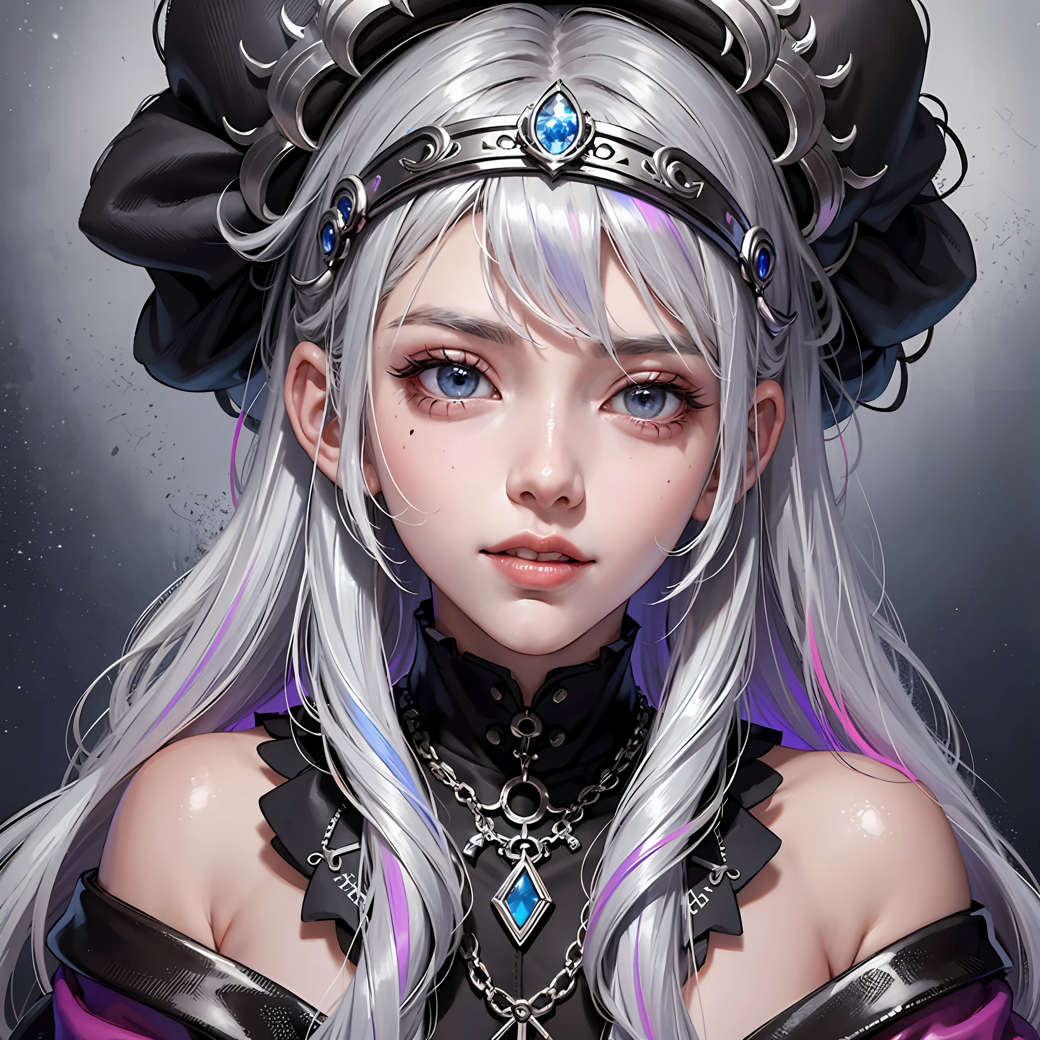 grey hair, colored inner hair, multicolored hair, clenched teeth, open mouth, pout, sigh, evil smile, mole under eye, raised eyebrows, furrowed brow, blank eyes, tokin hat, hairpin, hairband, crown, hair ornament, modern, anime, three sided view, multiple views, cowboy shot, 4K, UHD --auto --s2
