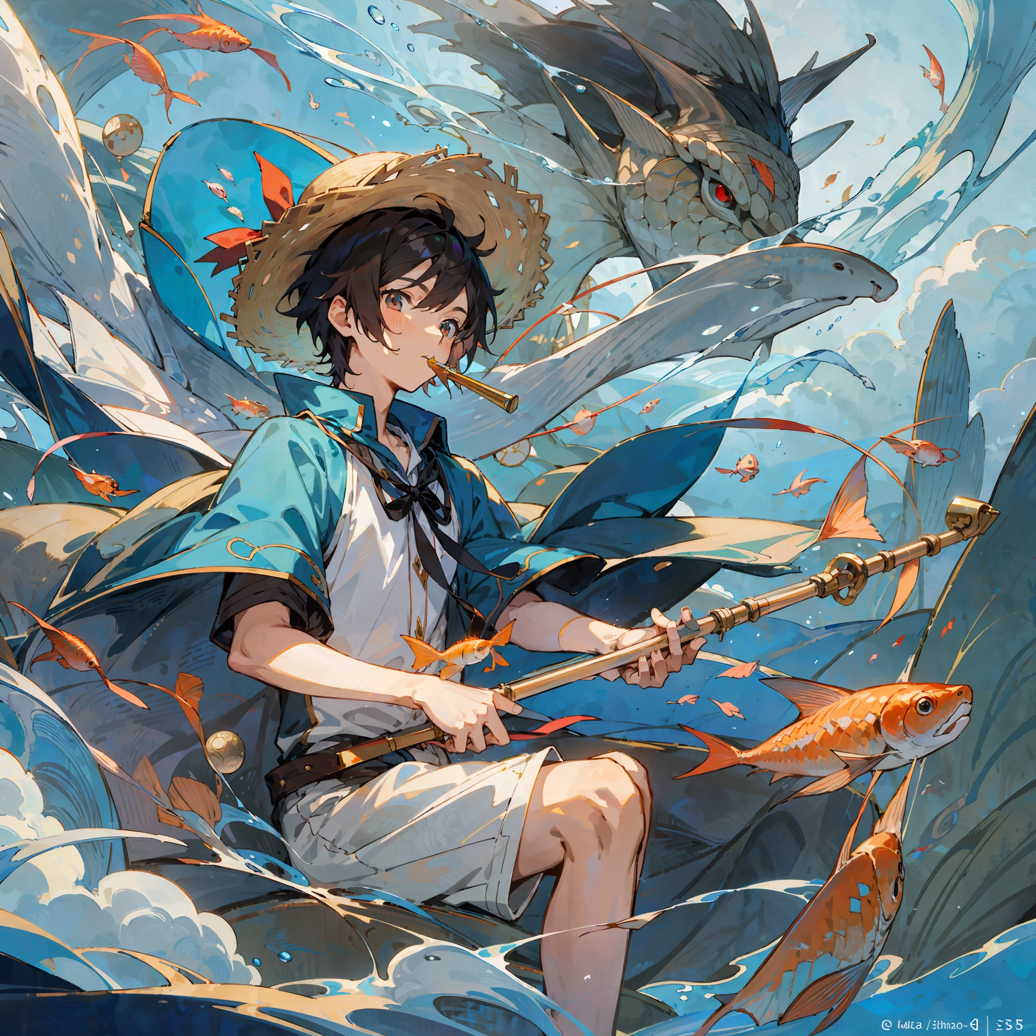 Anime brunette male pupil cute boy, wearing short-sleeved shorts, wearing a straw hat with two ribbons and countless wind chimes, long cape floating in the sky, playing the flute sitting on the back of a huge fish made of water, the fish takes the boy to the sky, and leads countless small fish behind him to move forward together