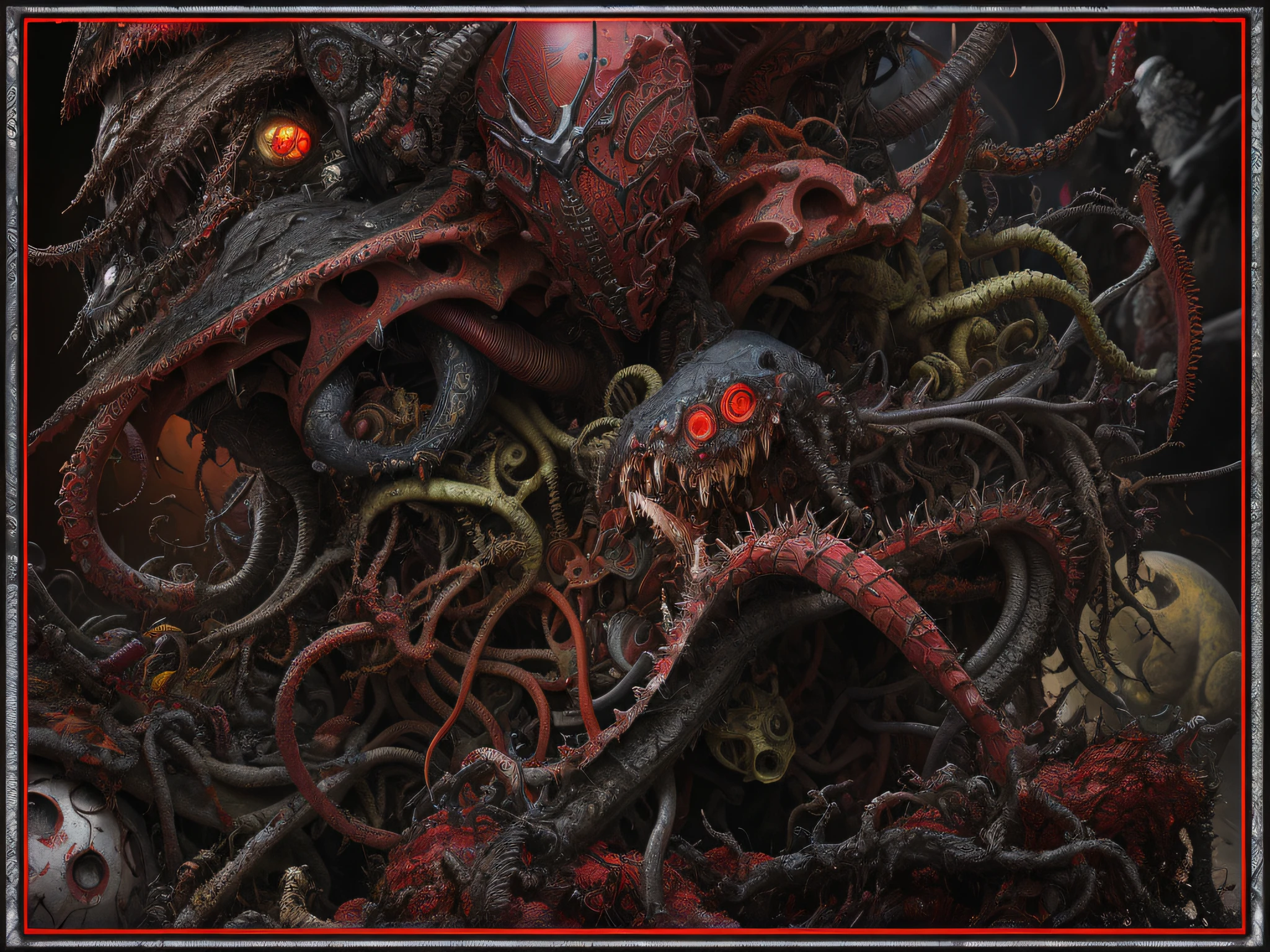 there is a picture of a pile of assorted items, chaotic composition, worms intricated, giger textures, carnage, the crawling chaos, spiderman in the moshpit, metamorphosis complex 3d render, red biomechanical details, tentacled creature mix, anger. hyper detailed, covered with tentacles, intricate artwork. octane render, many tentacles