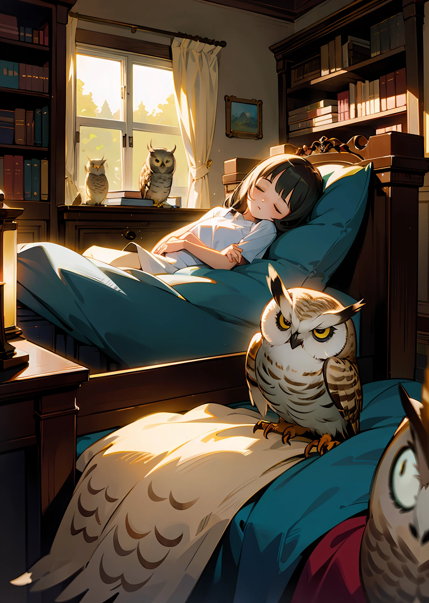 owl,owl, library, bedroom, sleeping girl,