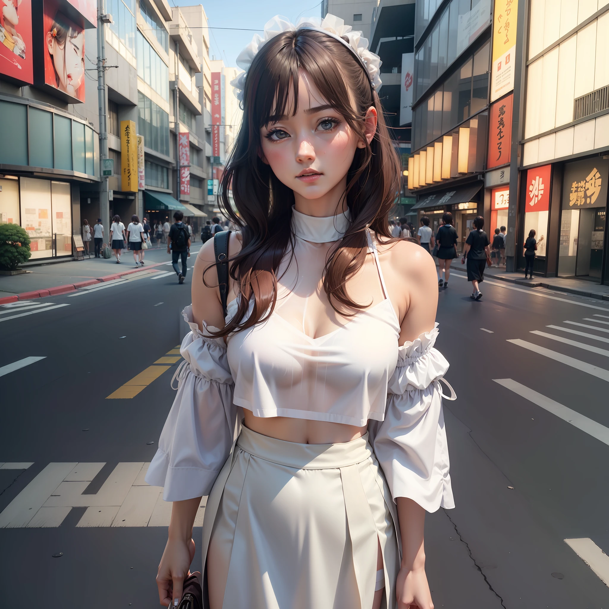 (Super realistic, masterpiece, 4K resolution), girls, Tokyo streets, summer clothes, transparent tops,