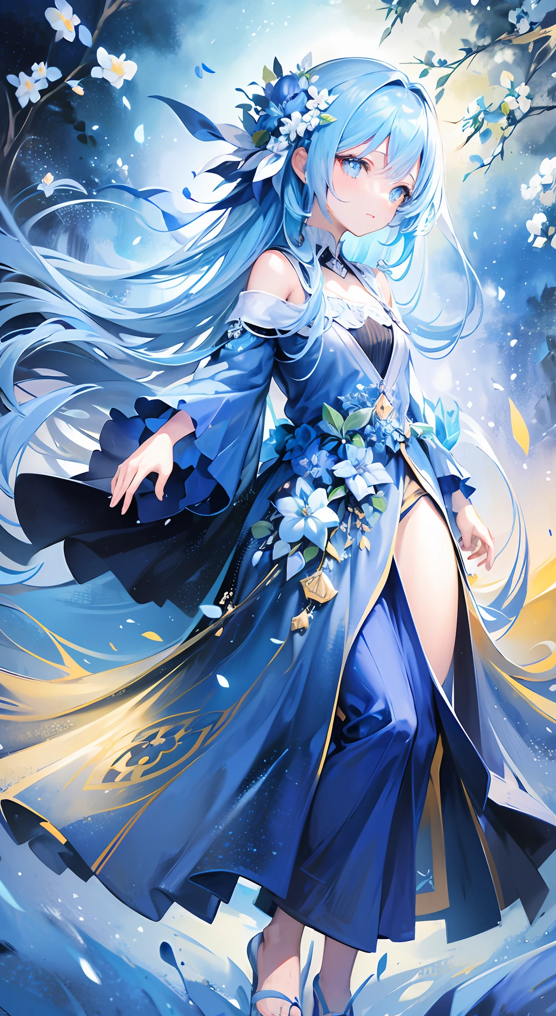 (absurdres, highres, ultra detailed, UHD, cinematic), solo, 1girl, mature, happy, girl standing in light blue flower field, light blue flower petal surrounding girl, full body, blue long hair girl, light blue hair, fantasy, dreamy, snowy, official art, pop art, profile, ultra detailed face, ultra detailed eyes, light blue flower field, ultra detailed field, white blue sky, cold, light blue, white,  nebula in the sky, blue tree, watercolor, pastel color