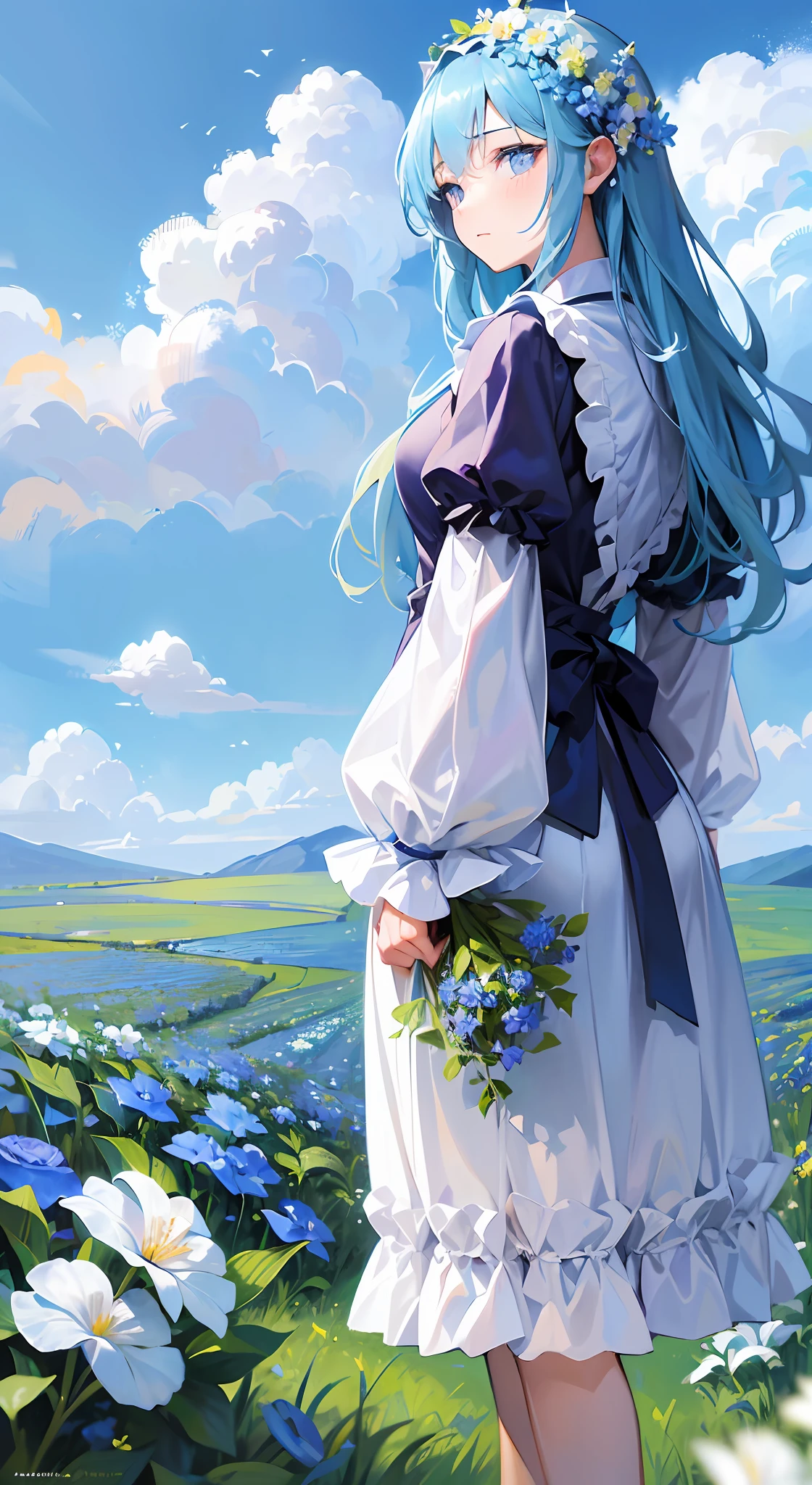 (absurdres, highres, ultra detailed, UHD, cinematic), solo, 1girl, mature, happy, girl standing in light blue flower field, light blue flower petal surrounding girl, full body, blue long hair girl, light blue hair, fantasy, dreamy, snowy, official art, pop art, profile, ultra detailed face, ultra detailed eyes, light blue flower field, ultra detailed field, white blue sky, cold, light blue, white,  nebula in the sky, blue tree, watercolor, pastel color