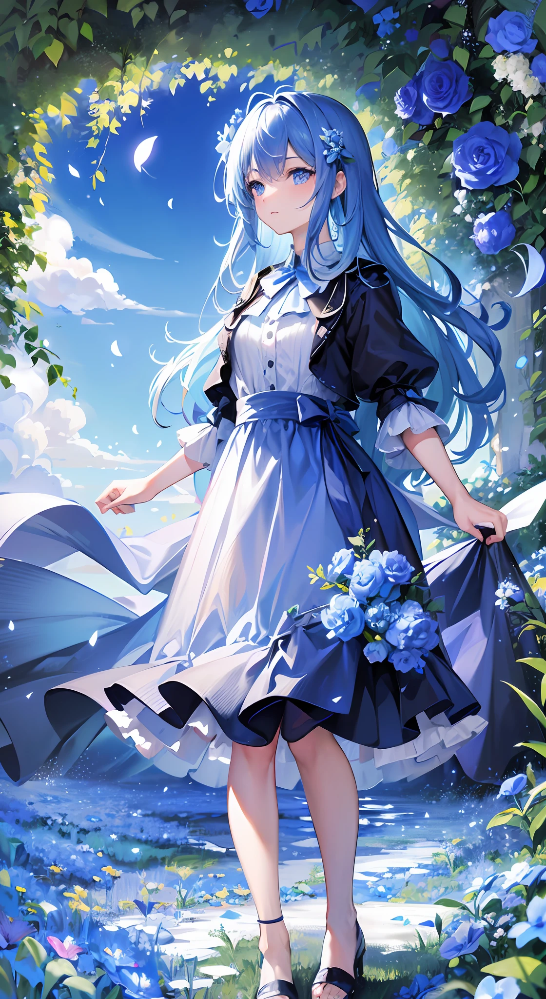 (absurdres, highres, ultra detailed, UHD, cinematic), solo, 1girl, mature, happy, girl standing in light blue flower field, light blue flower petal surrounding girl, full body, blue long hair girl, light blue hair, fantasy, dreamy, snowy, official art, pop art, profile, ultra detailed face, ultra detailed eyes, light blue flower field, ultra detailed field, white blue sky, cold, light blue, white,  nebula in the sky, blue tree, watercolor, pastel color