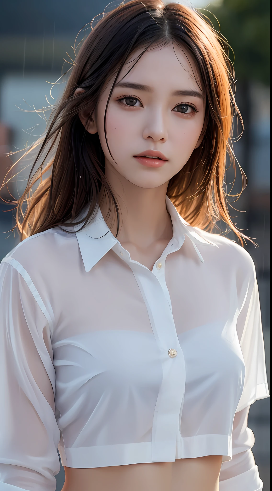 ((Top Quality, 8k, Masterpiece: 1.3)), Crisp Focus: 1.2, Beautiful Women with Perfect Figure: 1.4, Slender Abs: 1.2, ((Layer Cut, Big: 1.2)), (Wet White Button Up Long Shirt: 1.1), (Rain, Street: 1.2), Wet Body: 1.5, Highly Detailed Face and Skin Texture, Detailed Eyes, Double Eyelids, Orange Light of Western Sun, Madder Sky, Dazzling Western Sun, Dusk, night