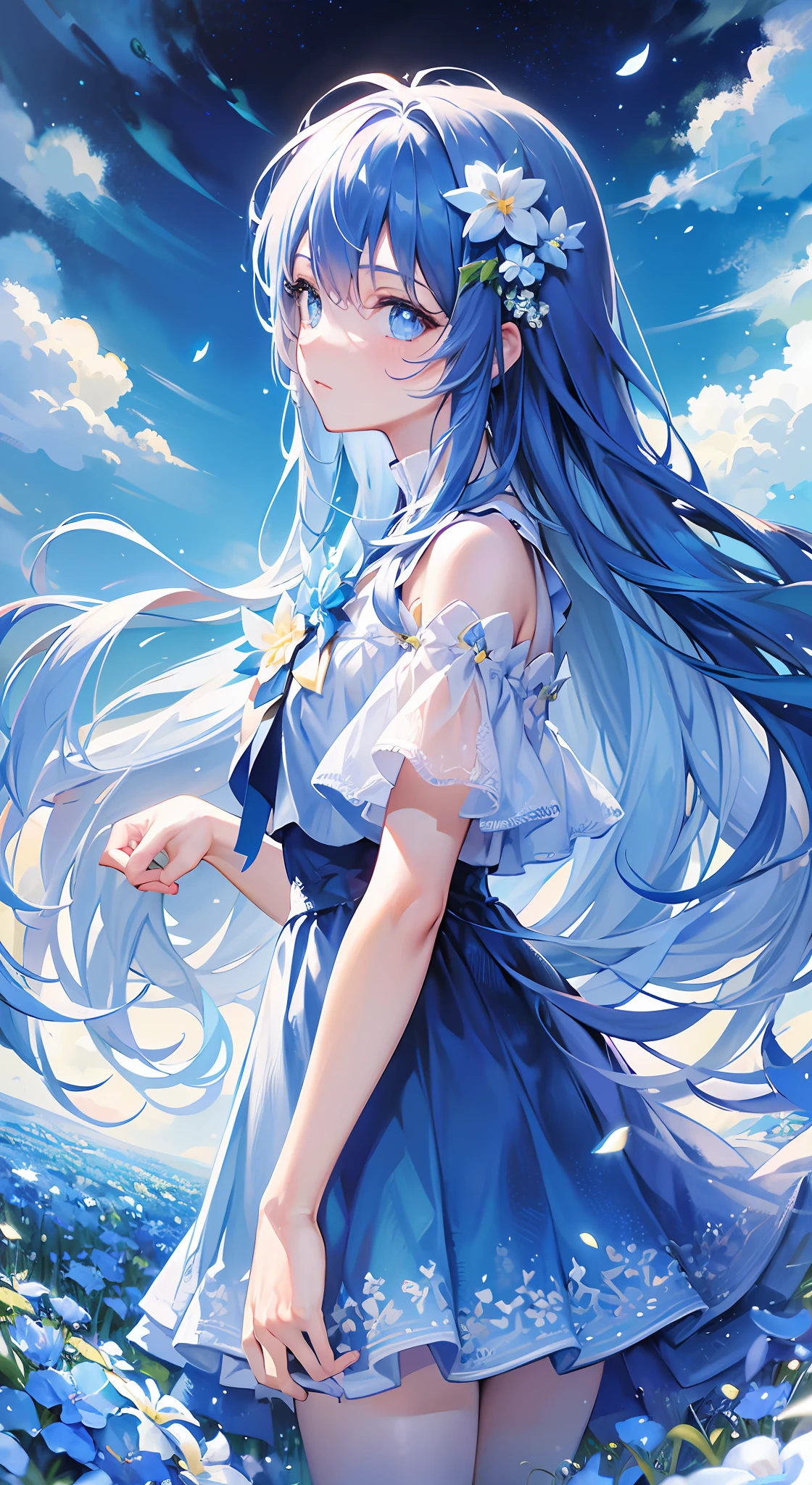 (absurdres, highres, ultra detailed, UHD, cinematic), solo, 1girl, mature, happy, girl standing in light blue flower field, light blue flower petal surrounding girl, full body, blue long hair girl, light blue hair, fantasy, dreamy, snowy, official art, pop art, profile, ultra detailed face, ultra detailed eyes, light blue flower field, ultra detailed field, white blue sky, cold, light blue, white,  nebula in the sky, blue tree, watercolor, pastel color