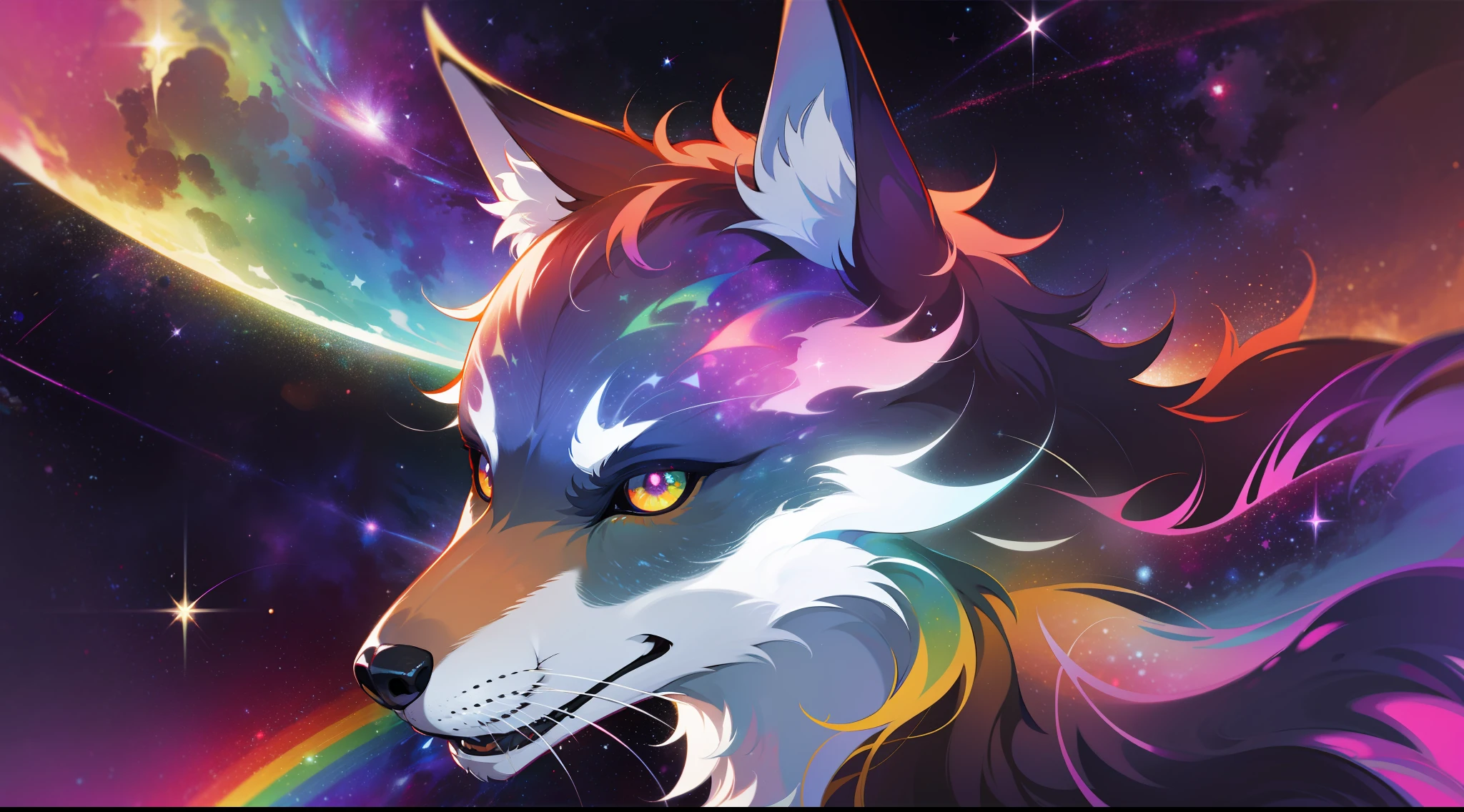 a rainbow colored wolf, rainbow colored cosmic nebula background, stars, galaxies