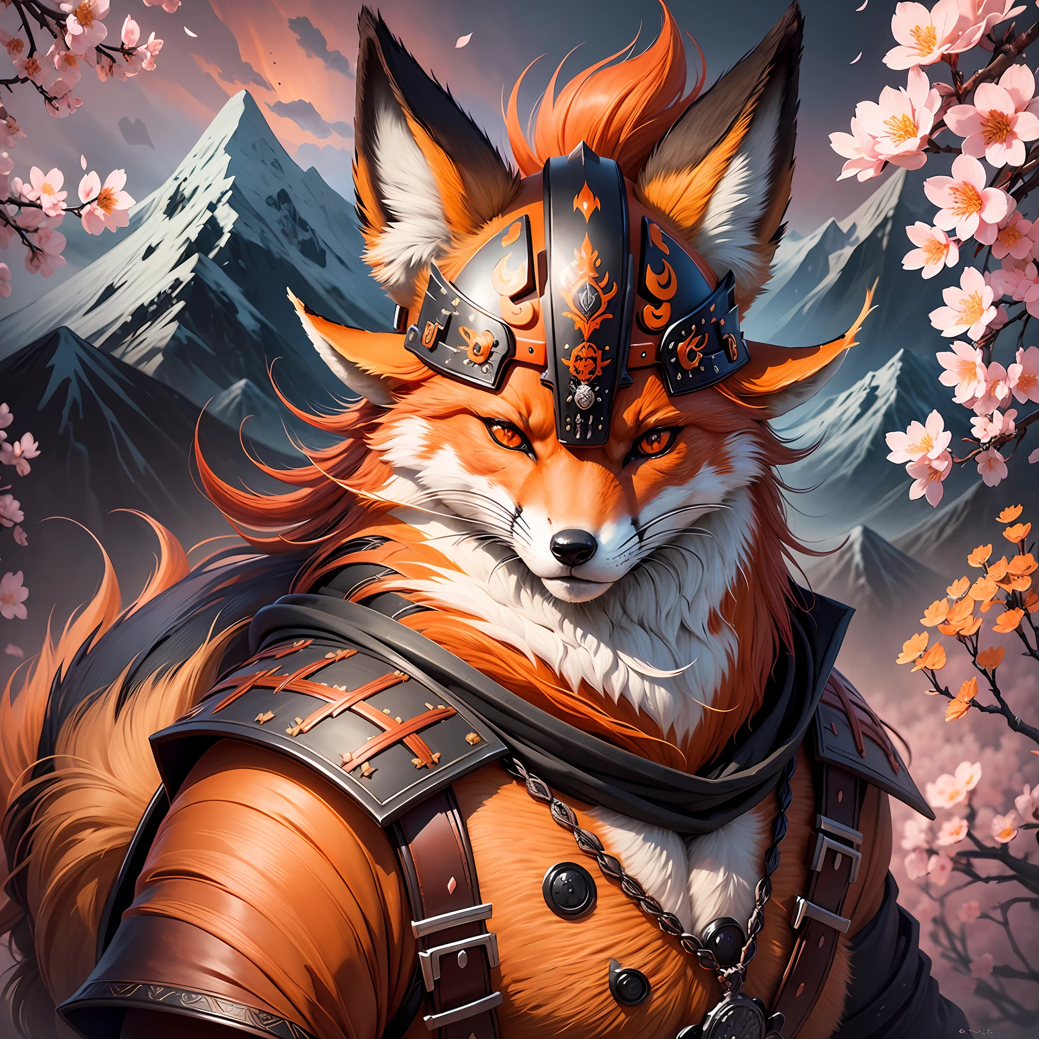 Imagine a highly detailed and visually striking prompt featuring a fox samurai facing forward, adorned with a traditional samurai helmet. The fox exudes confidence with its fiery orange fur and piercing eyes. The intricately designed helmet bears marks of honor and courage. In the background, cherry blossoms bloom and majestic mountains rise, symbolizing strength and resilience. --auto --s2