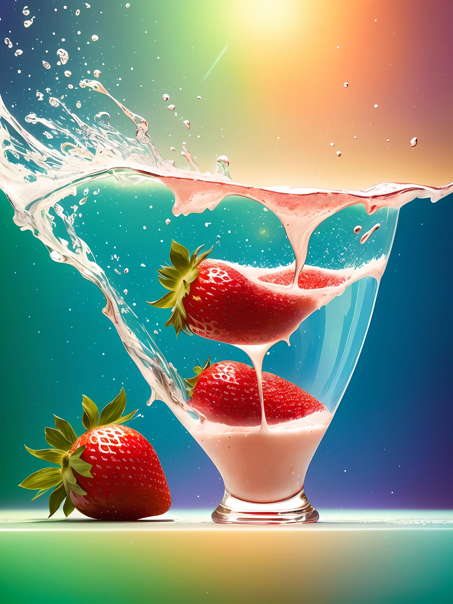 (Magical Photo:1.3) of (Realistic:1.3),(Energetic:1.3) product photography of a strawberries falling into a glass of milk, splash, intricate, epic,(by Artist RHADS:1.3),Highly Detailed,(Provia:1.3)