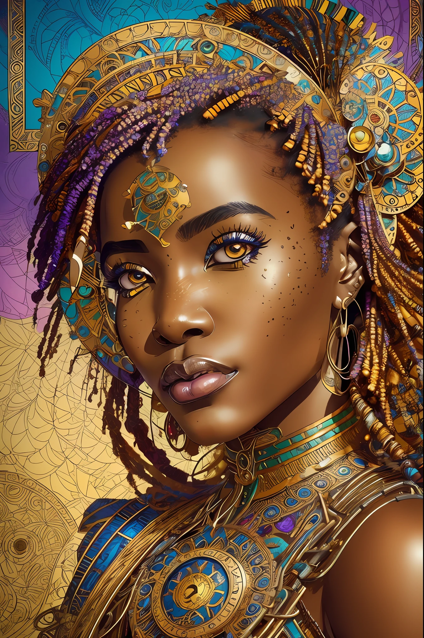 nvinkpunk, floral, steampunk (((African young-aged woman))), insanely beautiful woman, masterpiece, best quality, ((detailed face)), long messy hair, golden colors, bright eyes, ((award winning)), (High Detail), Sharp, 8k, trending on artstation, intricate, floral - ar 3:4 --auto --s2