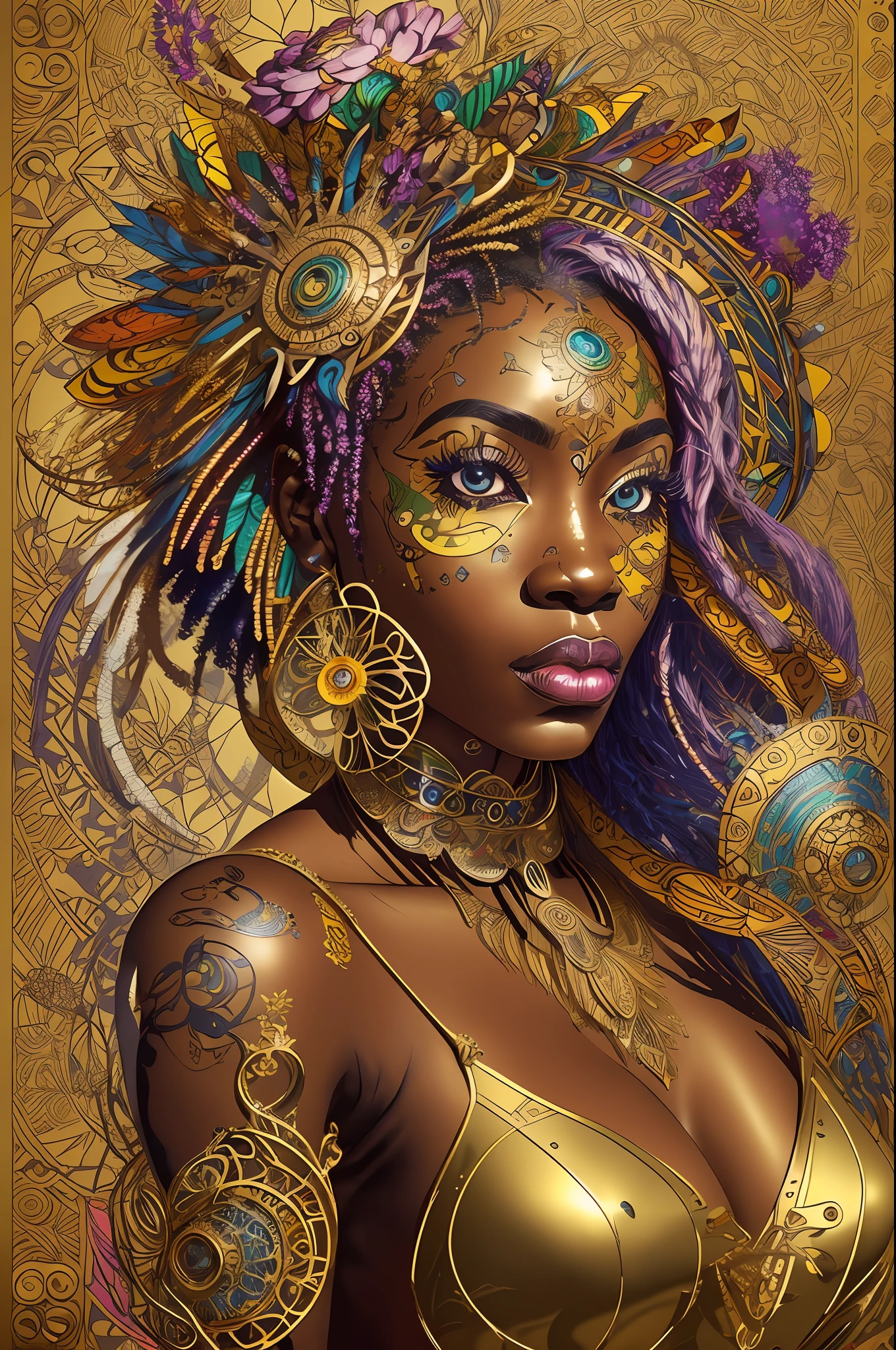 nvinkpunk, floral, steampunk (((African young-aged woman))), insanely beautiful woman, masterpiece, best quality, ((detailed face)), long messy hair, golden colors, bright eyes, ((award winning)), (High Detail), Sharp, 8k, trending on artstation, intricate, floral - ar 3:4 --auto --s2