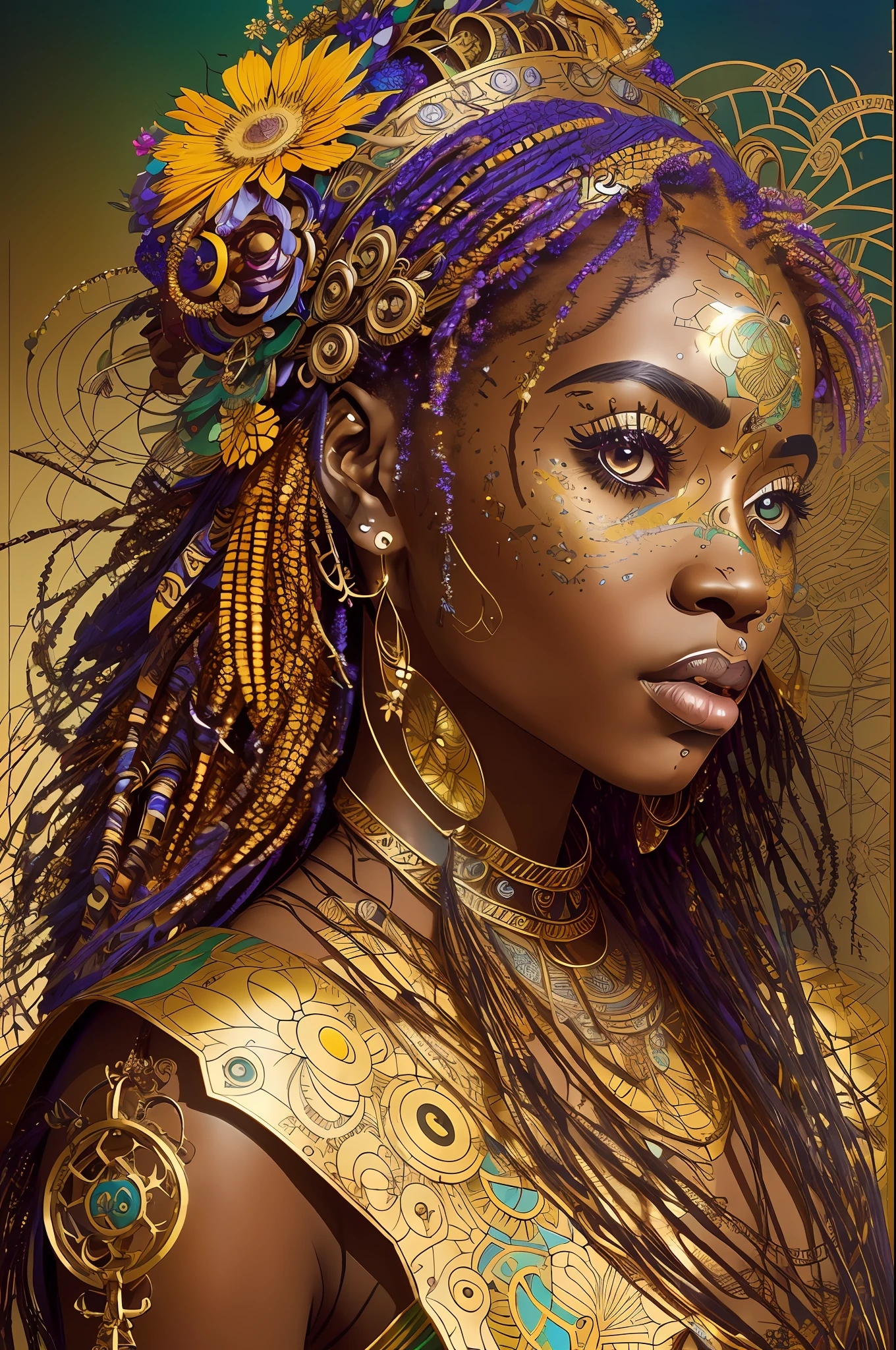 nvinkpunk, floral, steampunk (((African young-aged woman))), insanely beautiful woman, masterpiece, best quality, ((detailed face)), long messy hair, golden colors, bright eyes, ((award winning)), (High Detail), Sharp, 8k, trending on artstation, intricate, floral - ar 3:4 --auto --s2