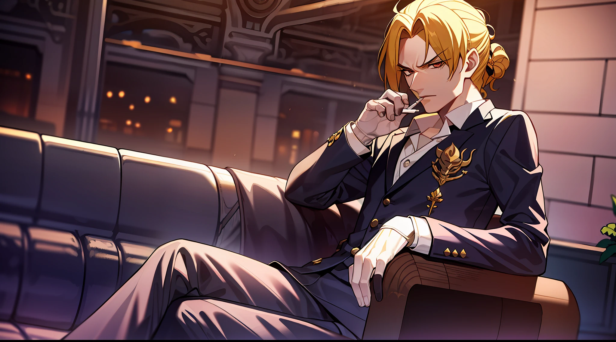 Dio, wearing an elegant suit with crossed legs and holding a lit cigarette between his fingers, with a black and white train station background in the background, in a relaxed and confident pose.