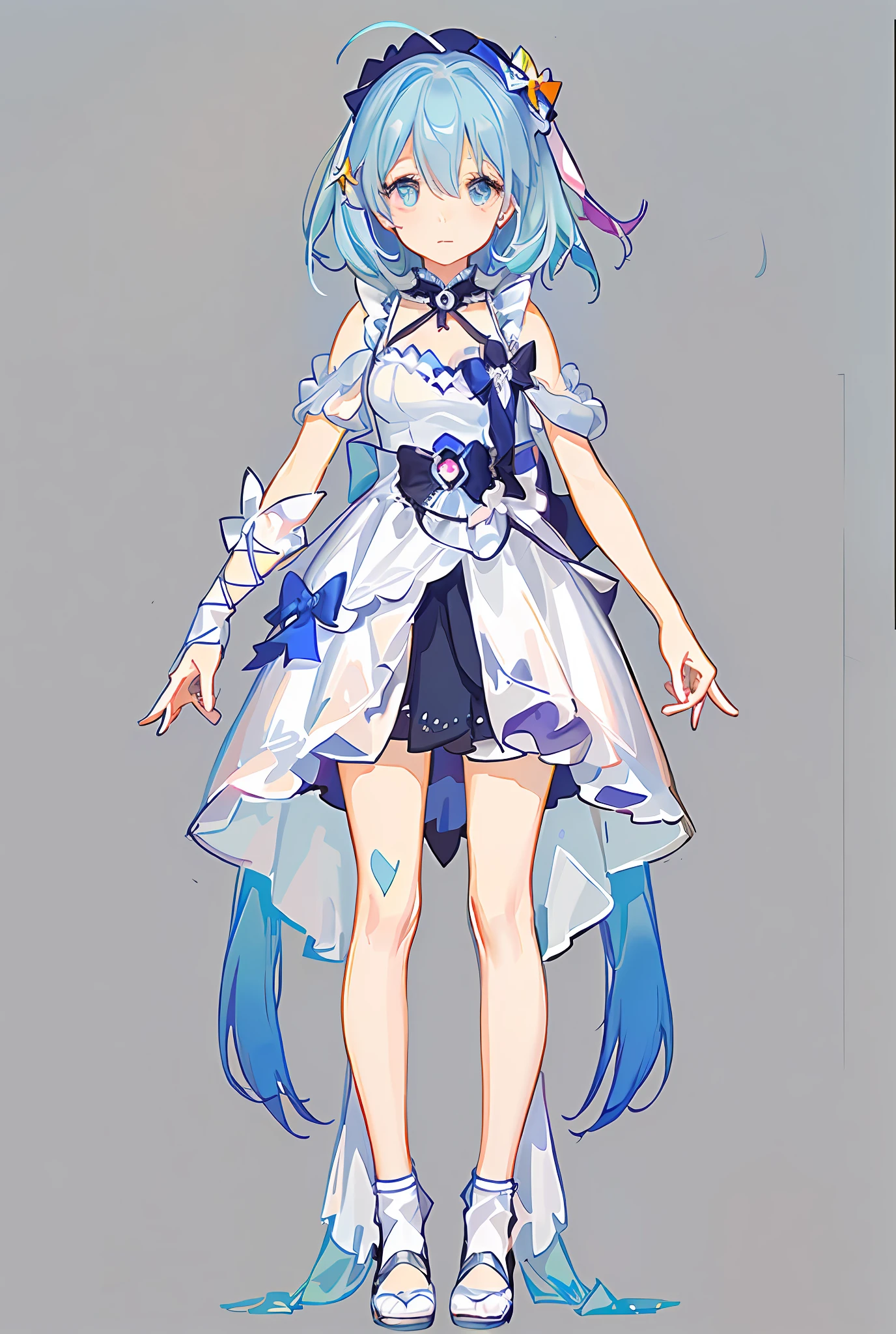 a close up of a person in a dress with a bow, cute anime waifu in a nice dress, lunar themed attire, full body adoptable, pretty anime character design, clear outfit design, astral witch clothes, outfit design, rem rezero, anime full body illustration, trending on artstation pixiv, costume with blue accents, anime vtuber full body model