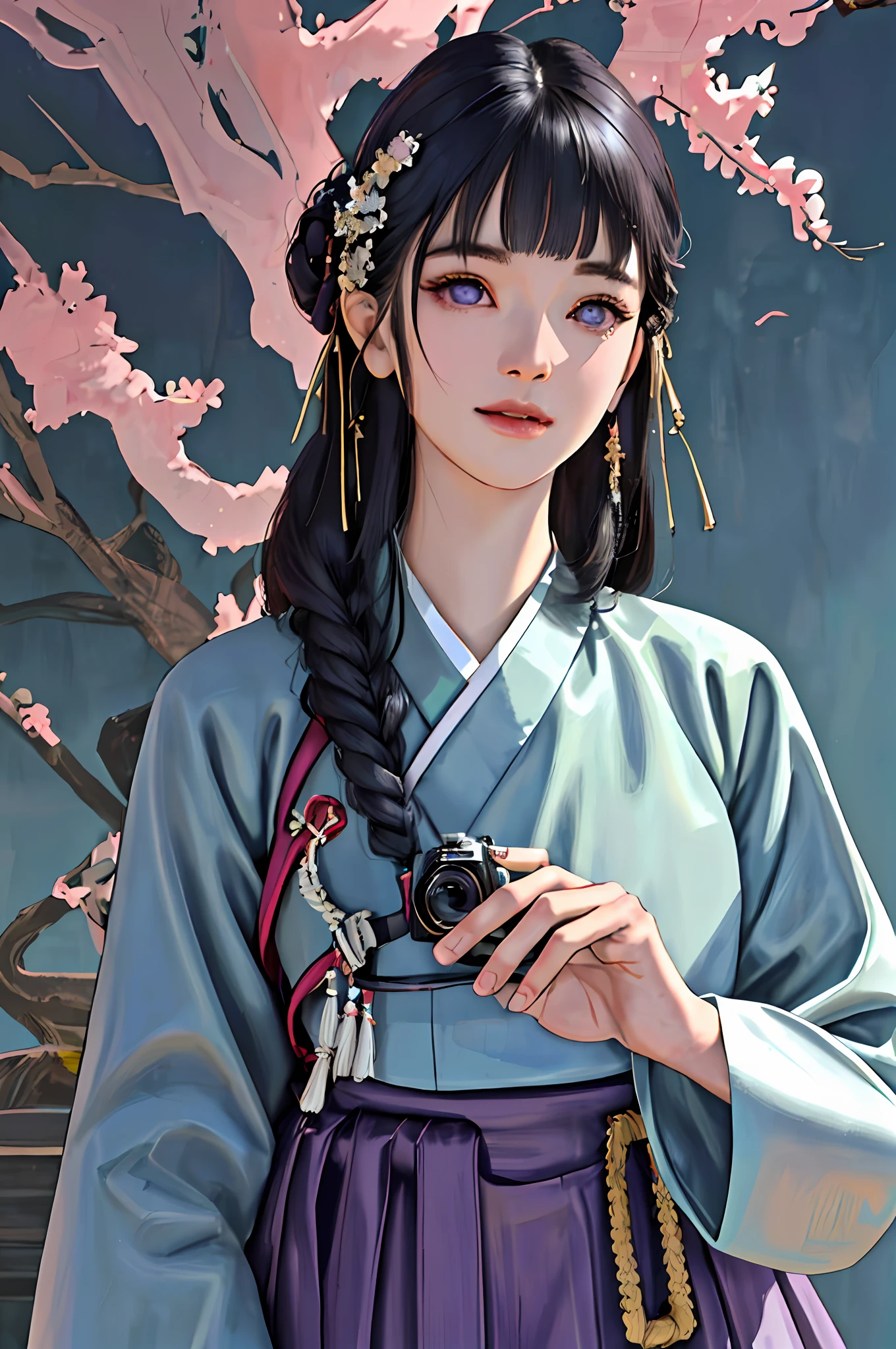 (8k, RAW Photo, Best Quality, Masterpiece:1.2), Ultra Detail, Ultra High Resolution, (Realistic, Photorealistic Photo:1.37), Portrait, High Detail RAW Color Photo, Professional Photo, Extreme Delicate and Beautiful, Extreme Details, 8k Wallpaper, Amazing and Detailed Details, Huge File Size, Official Art, Highly Detailed CG Unity 8k Wallpaper, 1girl, Very Detailed Beautiful Girl, Very Detailed Face, Very Detailed Eyes, purple Eyes,  Very detailed skin, very detailed nose, very detailed mouth, perfect ???????, arm back, very pretty face, smile, oriental style, dark blue gorgeous hair, heavy makeup, long hair, ??????????????, wide ????????, hanbok, detailed clothes, short neck, very short arms, camera upwards, a slightly turned position, upper body portrait photo, {cute 19 year old girl}, hands down, upper body close-up, 5fingers per hand,  no overlapped hands, floral hairpins, colorful backgrounds, (((blunt bangs))), updo hair