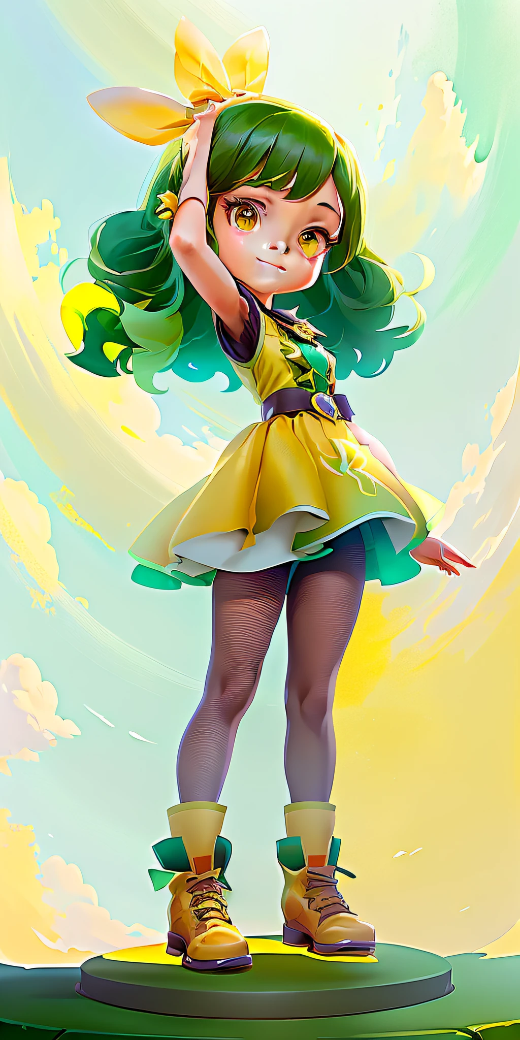 araffe girl in a yellow dress and boots standing on a green pedestal, rossdraws cartoon vibrant, cute art style, colorful! character design, cushart krenz key art feminine, expressing joy. by krenz cushart, lois van baarle and rossdraws, rossdraws pastel vibrant, ross tran style, childrens art in artstation