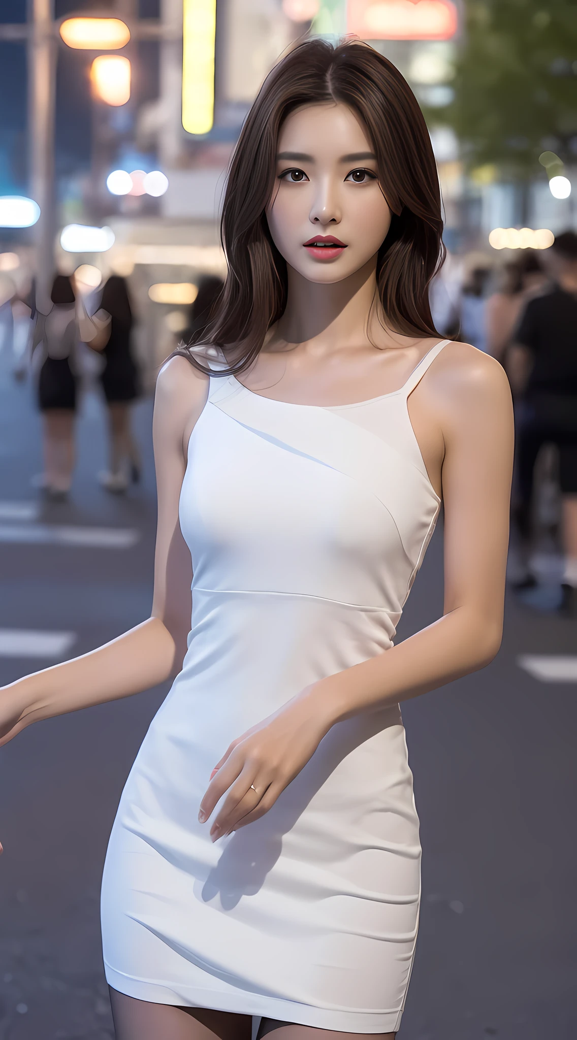 ((Realistic lighting, Best quality, 8K, Masterpiece: 1.3)), Clear focus: 1.2, 1girl, Perfect body beauty: 1.4, Slim abs: 1.1, ((dark brown hair)), (White dress: 1.4), (Outdoor, night: 1.1), City Street, Super Fine Face, Fine Eyes, Double Eyelids, (Over the knee black stockings: 1.5)