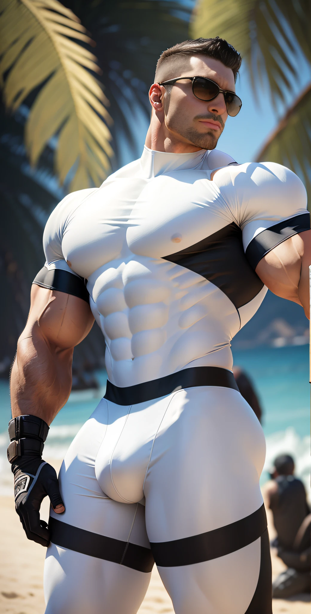 Arad man in white and black clothes standing on the sunny beach, with his back to the camera, American round head, Buzz cut, hips, tall and burly, muscular male hero, heroic male pose, muscular! Wearing black sunglasses, spandex tight high elastic bodysuit, symmetrical floral design, super buff and cool, high resolution committee, character design police, black military boots, attractive strong male with spandex tight high elastic bodysuit, weaving hot sunlight on the body