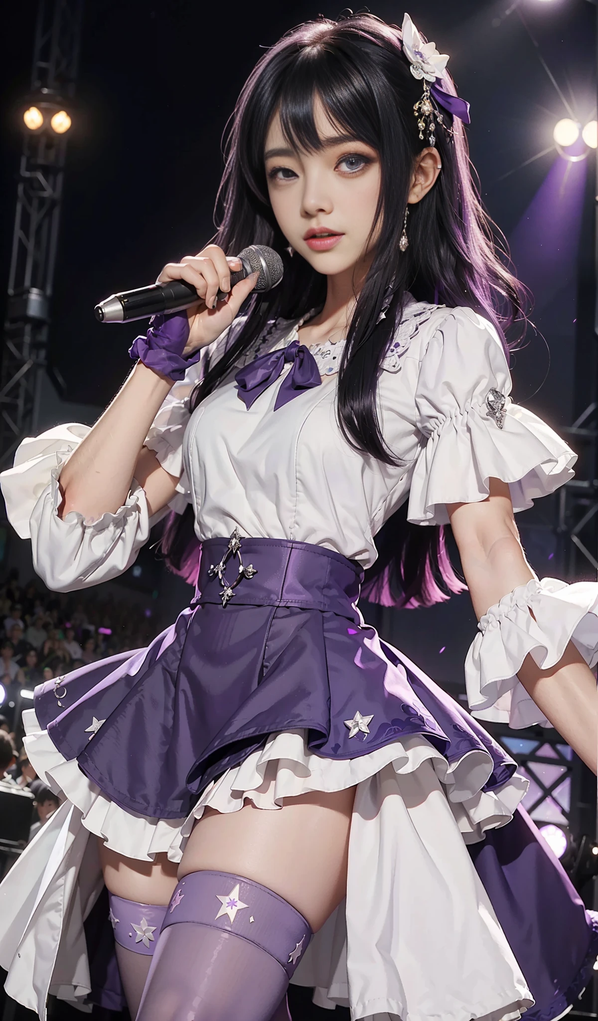 (1 Girl: 0.6) Ai Hoshino, girl with short hair and purple dress holding microphone, purple albedo, anime moe art style, (movie quality: 0.3), anime girl, singer, purple eyes, magical girl, zero sauce art, magical girl anime majo, white shirt, purple short hair, (stockings), (stars), (delicate facial features: 0.6), head decoration, (delicate hands: 0.9), white dress, (big eyes: 0.5), singing, smiling, stage lighting, standing, singing, high heels, (pattern decoration on head), normal head, (tall long legs: 0.8), (purple long hair: 0.5), (shawl scattered), (diamond shine: 0.9), sitting on stage, subtitles, (purple gloves: 1.6)