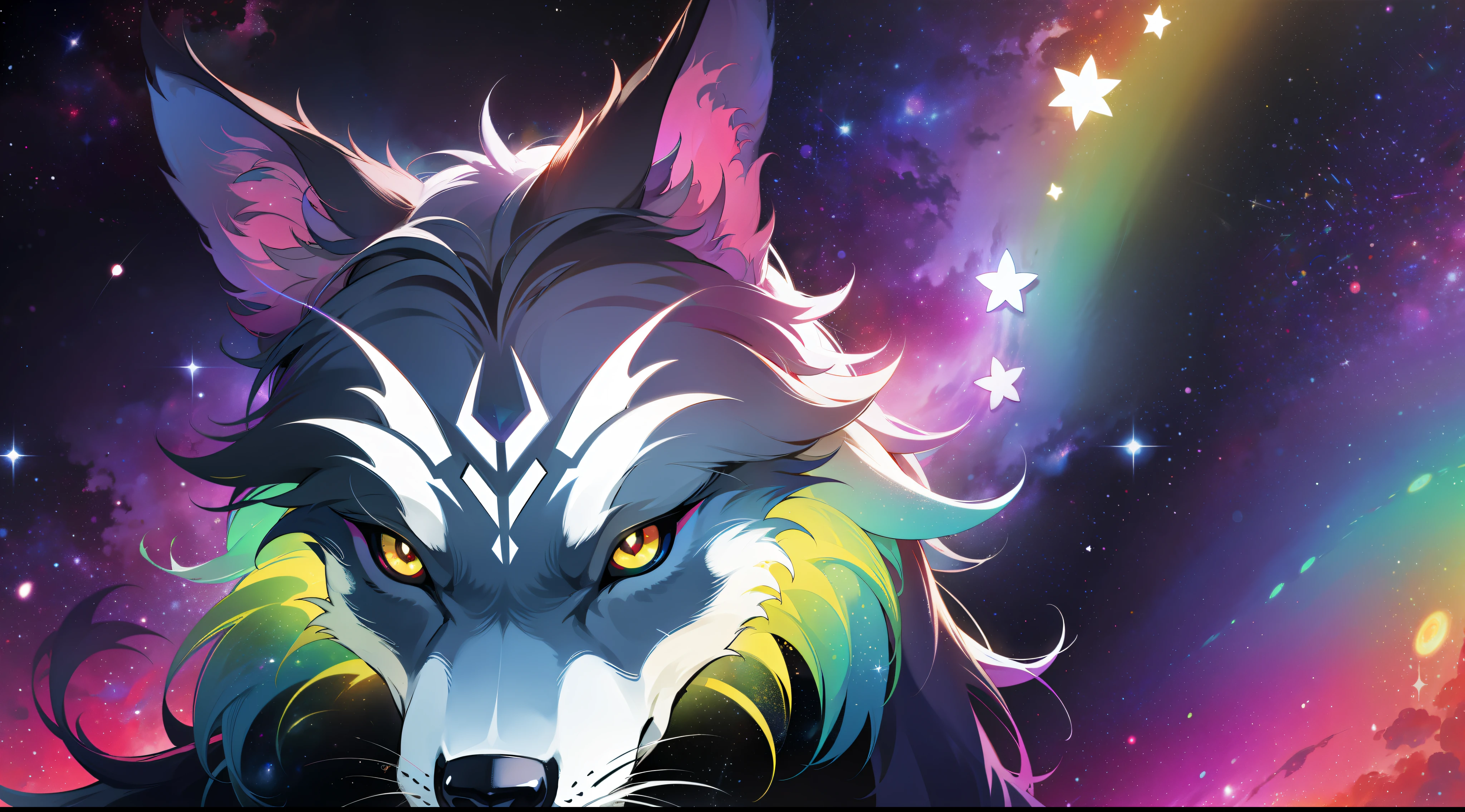 a rainbow colored wolf, rainbow colored cosmic nebula background, stars, galaxies
