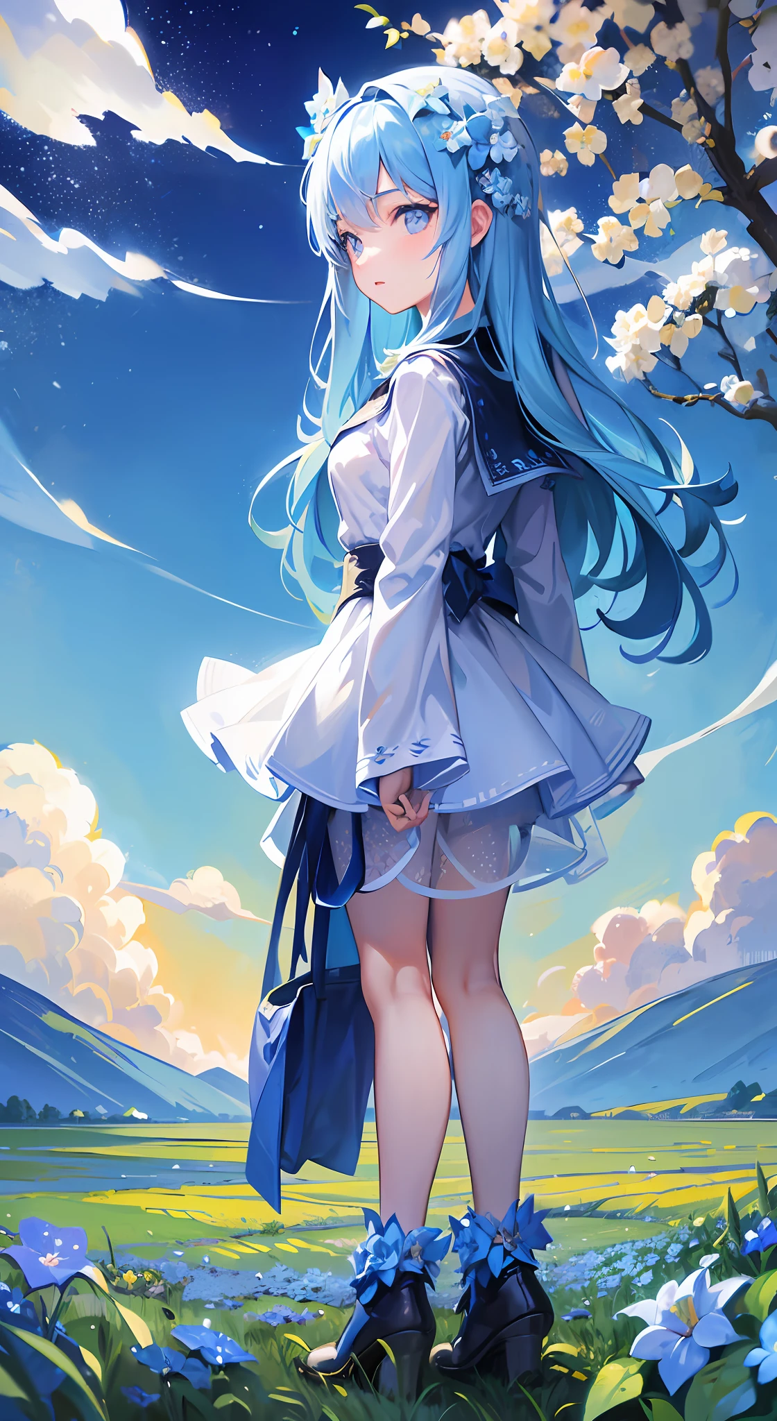 (absurdres, highres, ultra detailed, UHD, cinematic), solo, 1girl, mature, happy, girl standing in light blue flower field, light blue flower petal surrounding girl, full body, blue long hair girl, light blue hair, fantasy, dreamy, snowy, official art, pop art, profile, ultra detailed face, ultra detailed eyes, light blue flower field, ultra detailed field, white blue sky, cold, light blue, white,  nebula in the sky, blue tree, watercolor, pastel color