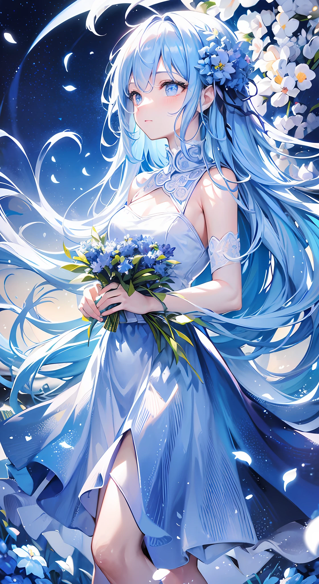 (absurdres, highres, ultra detailed, UHD, cinematic), solo, 1girl, mature, happy, girl standing in light blue flower field, light blue flower petal surrounding girl, full body, blue long hair girl, light blue hair, fantasy, dreamy, snowy, official art, pop art, profile, ultra detailed face, ultra detailed eyes, light blue flower field, ultra detailed field, white blue sky, cold, light blue, white,  nebula in the sky, blue tree, watercolor, pastel color