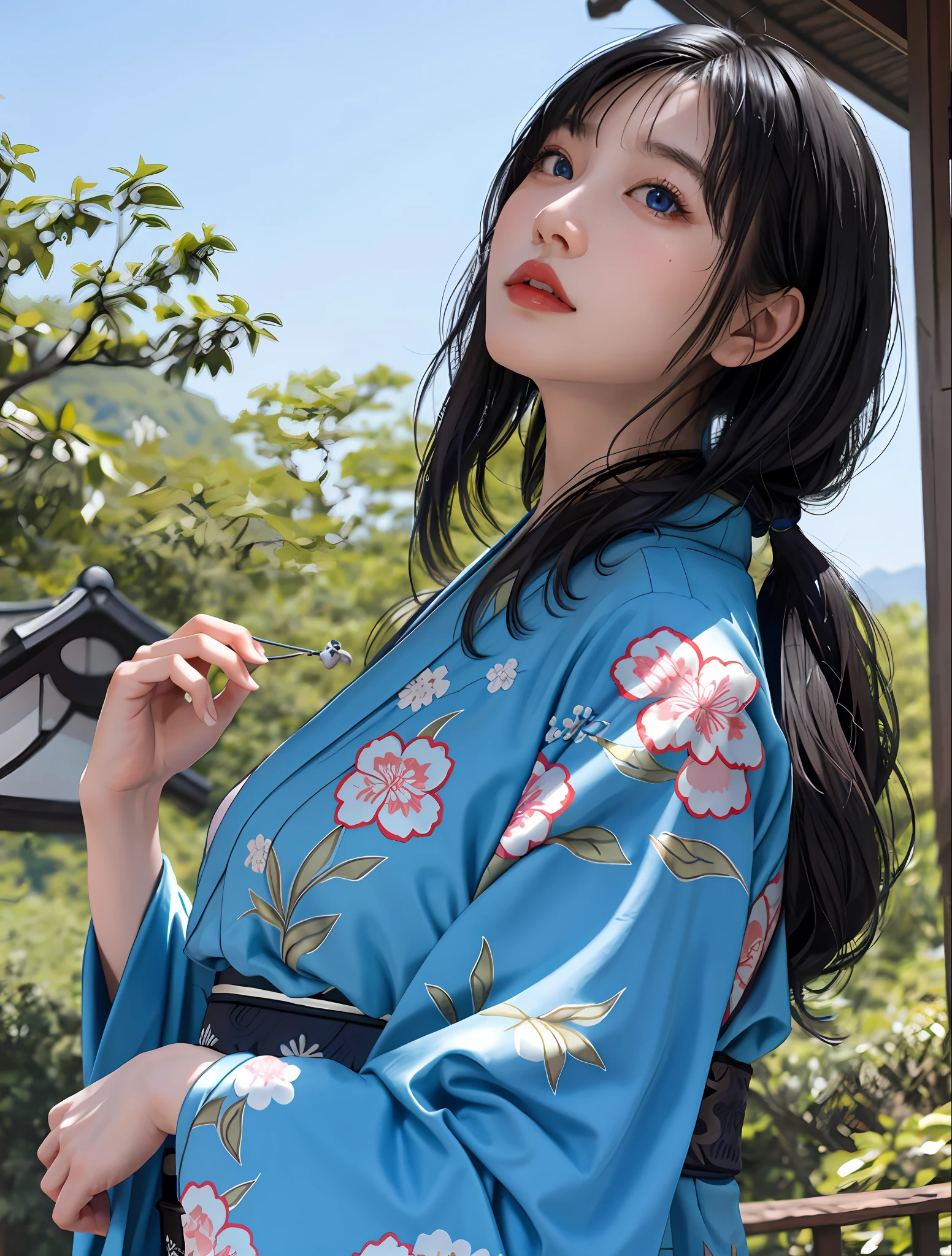 best quality, masterpiece,Black hair, blue eyes, looking up, upper body, korean girl, kimono,