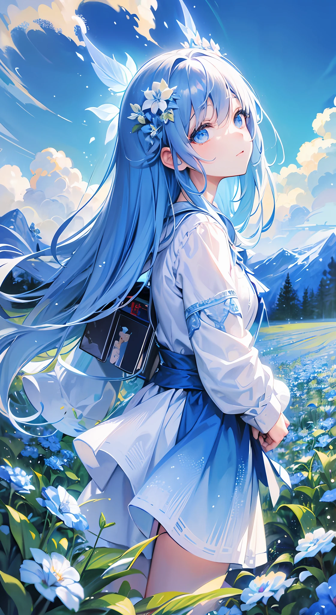 (absurdres, highres, ultra detailed, UHD, cinematic), solo, 1girl, mature, happy, girl standing in light blue flower field, light blue flower petal surrounding girl, full body, blue long hair girl, light blue hair, fantasy, dreamy, snowy, official art, pop art, profile, ultra detailed face, ultra detailed eyes, light blue flower field, ultra detailed field, white blue sky, cold, light blue, white,  nebula in the sky, blue tree, watercolor, pastel color