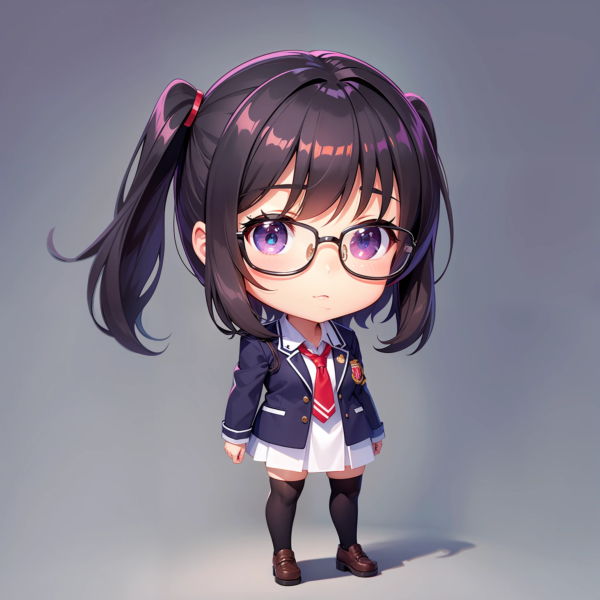 High school girl, standing picture, chairman, glasses, withdrawn thought, cute, chibi character, anime style,