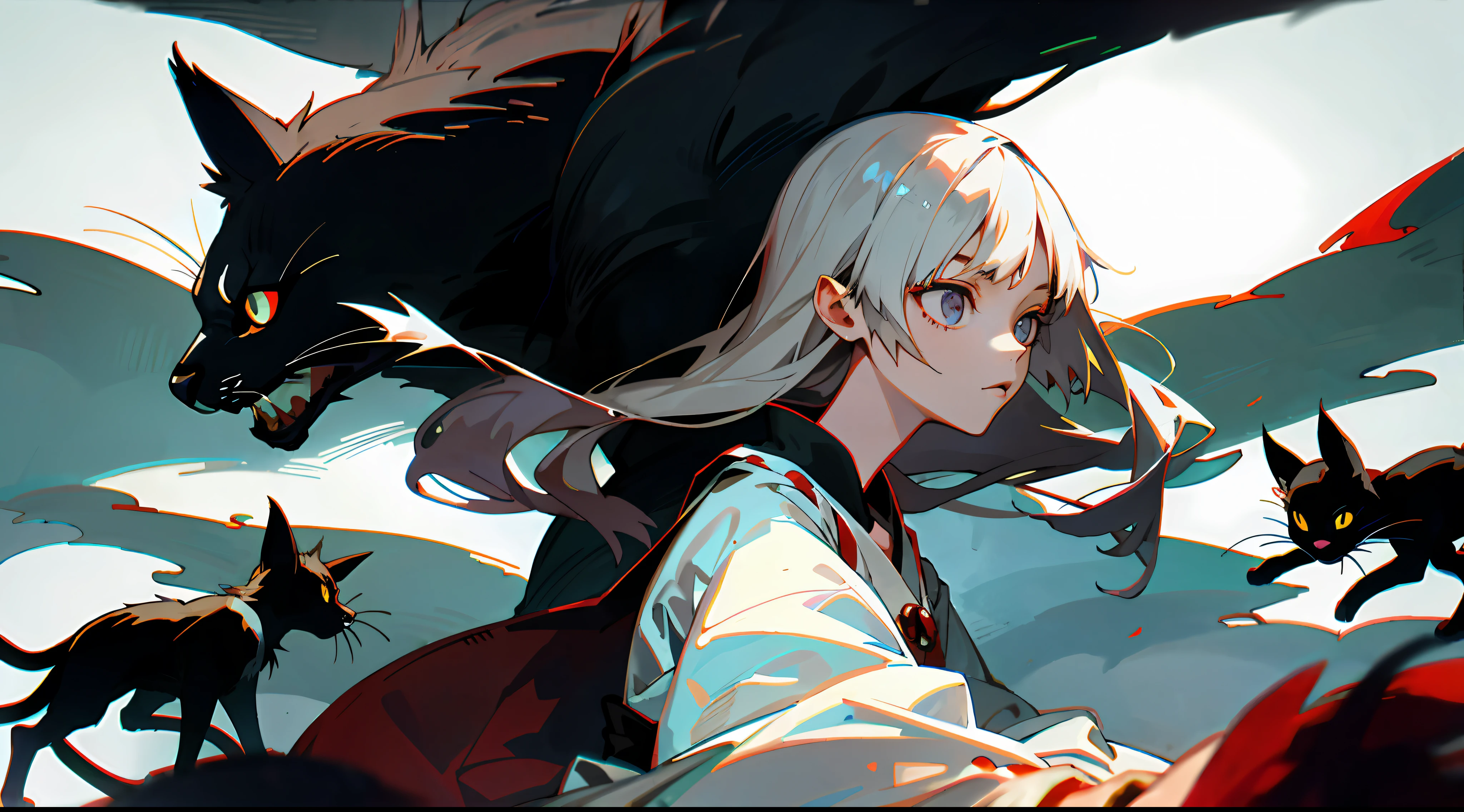 Mononoke hime with black cats in a dark forest