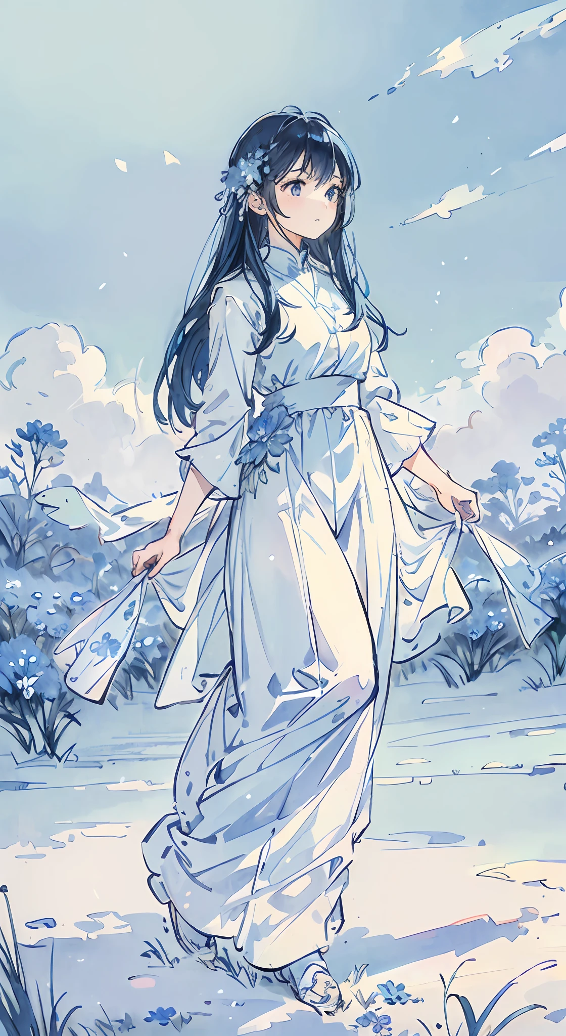 (absurdres, highres, ultra detailed, UHD, cinematic), solo, 1girl, mature, happy, girl standing in light blue flower field, light blue flower petal surrounding girl, full body, blue long hair girl, light blue hair, fantasy, dreamy, snowy, official art, pop art, profile, ultra detailed face, ultra detailed eyes, light blue flower field, ultra detailed field, white blue sky, cold, light blue, white, nebula in the sky, blue tree, watercolor, pastel color