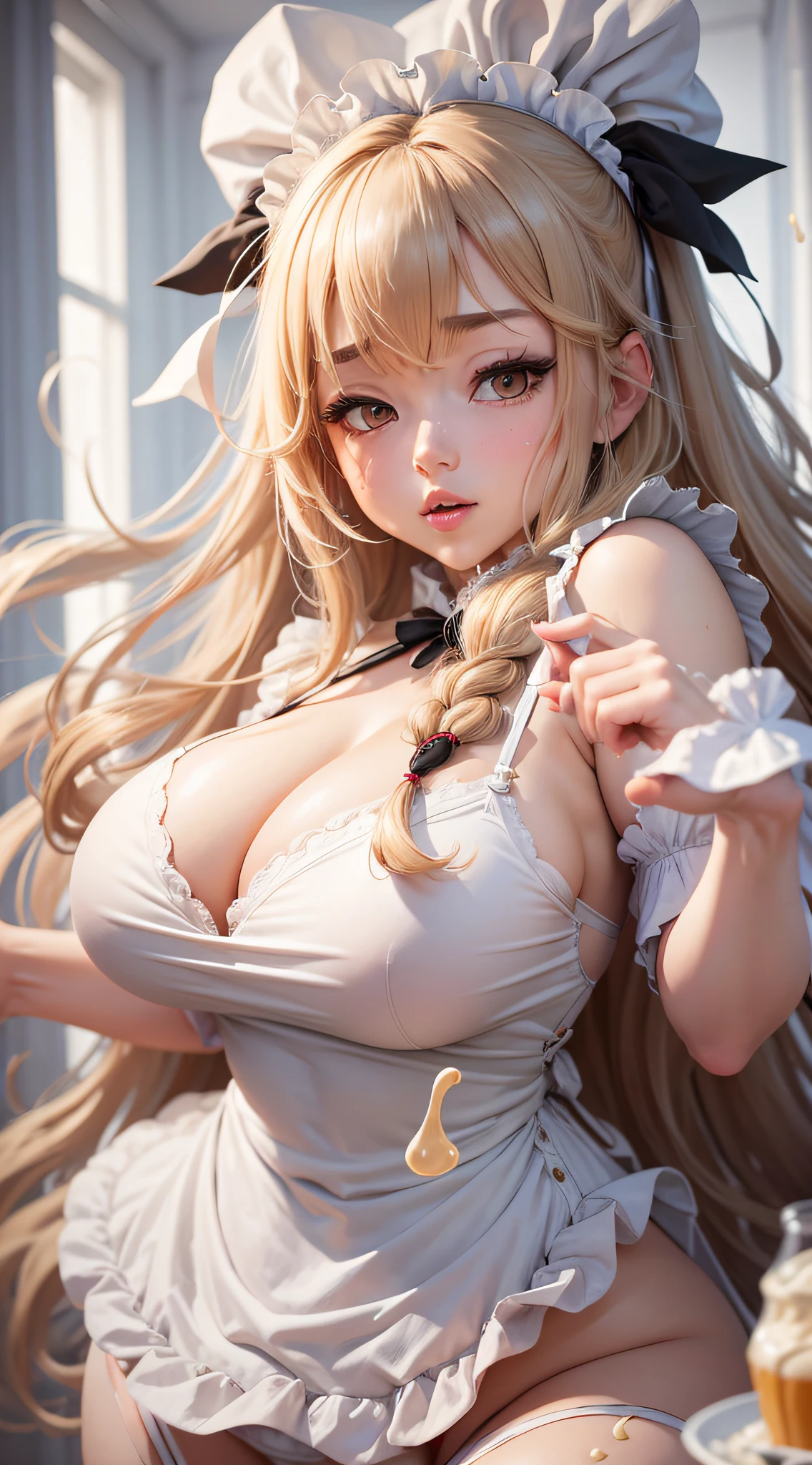 "An ultra-detailed, best quality masterpiece featuring a maid with long hair, large breasts, an ahoge and wearing an apron. The scene includes milk and mayonnaise spilled all over her body, giving the artwork a unique and sensual touch."
