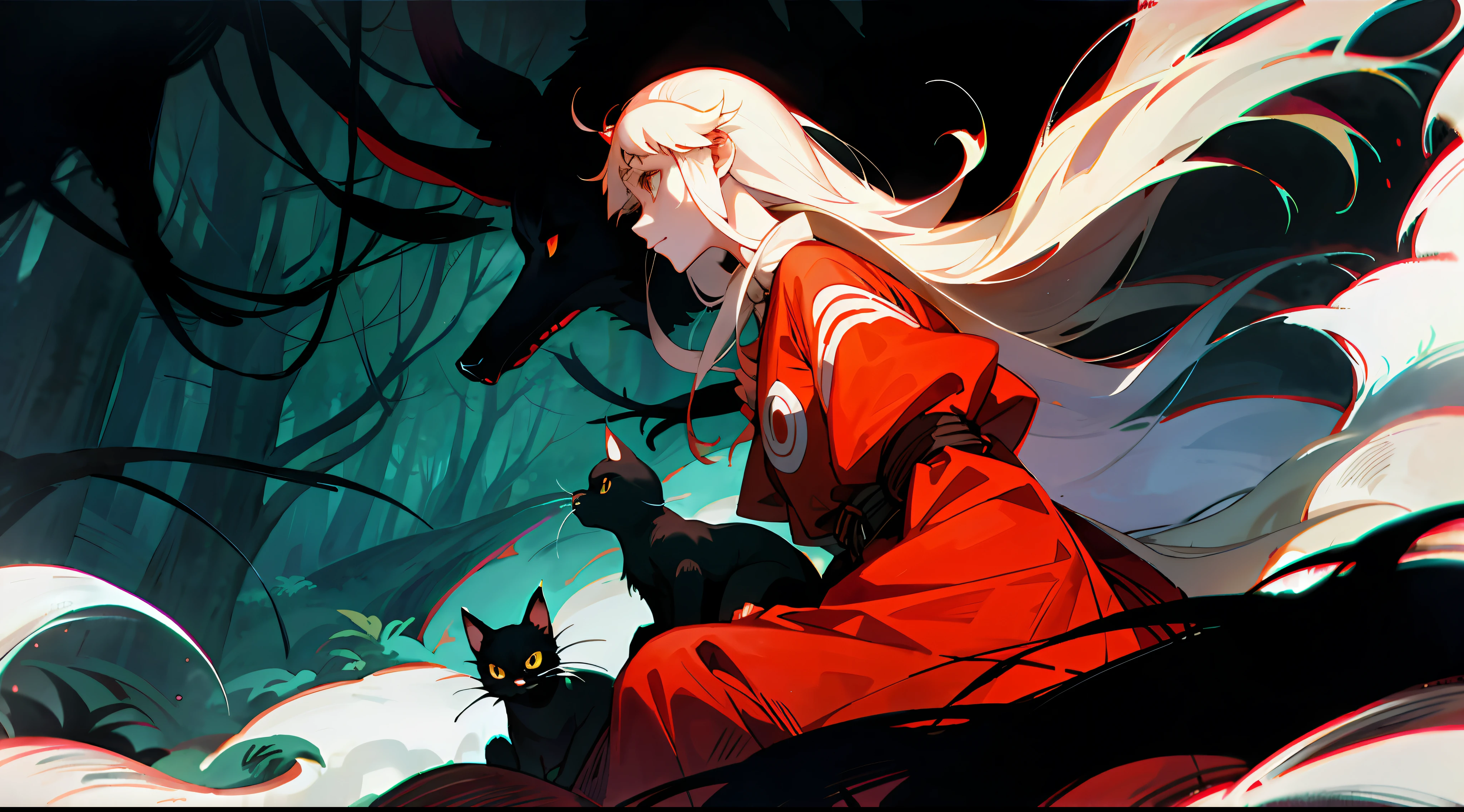 Mononoke hime with black cats in a dark forest