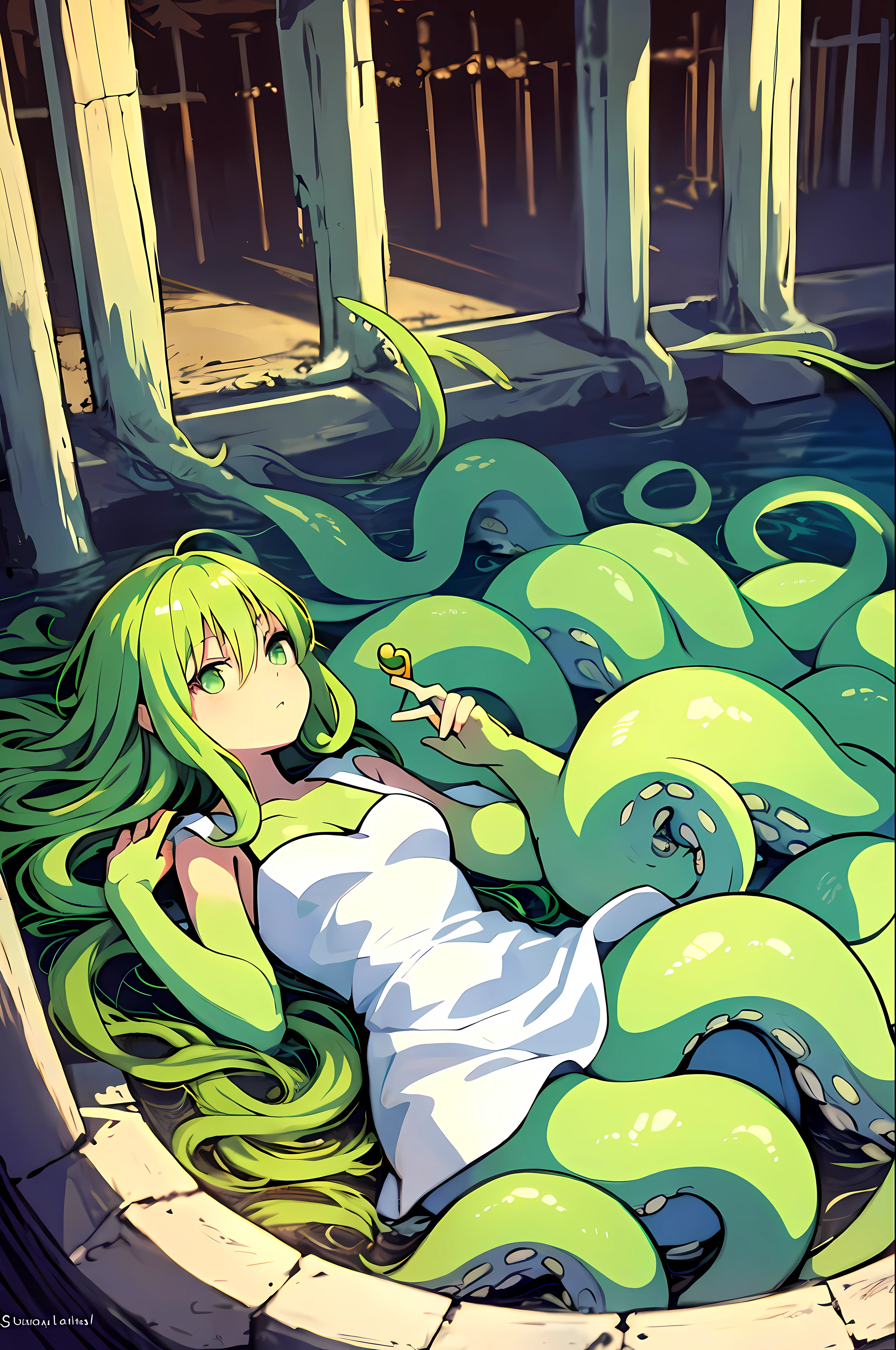 anime girl with light green hair and a white dress holding a wand, Scylla, anime monster girl, masterpiece, best quality, lie down