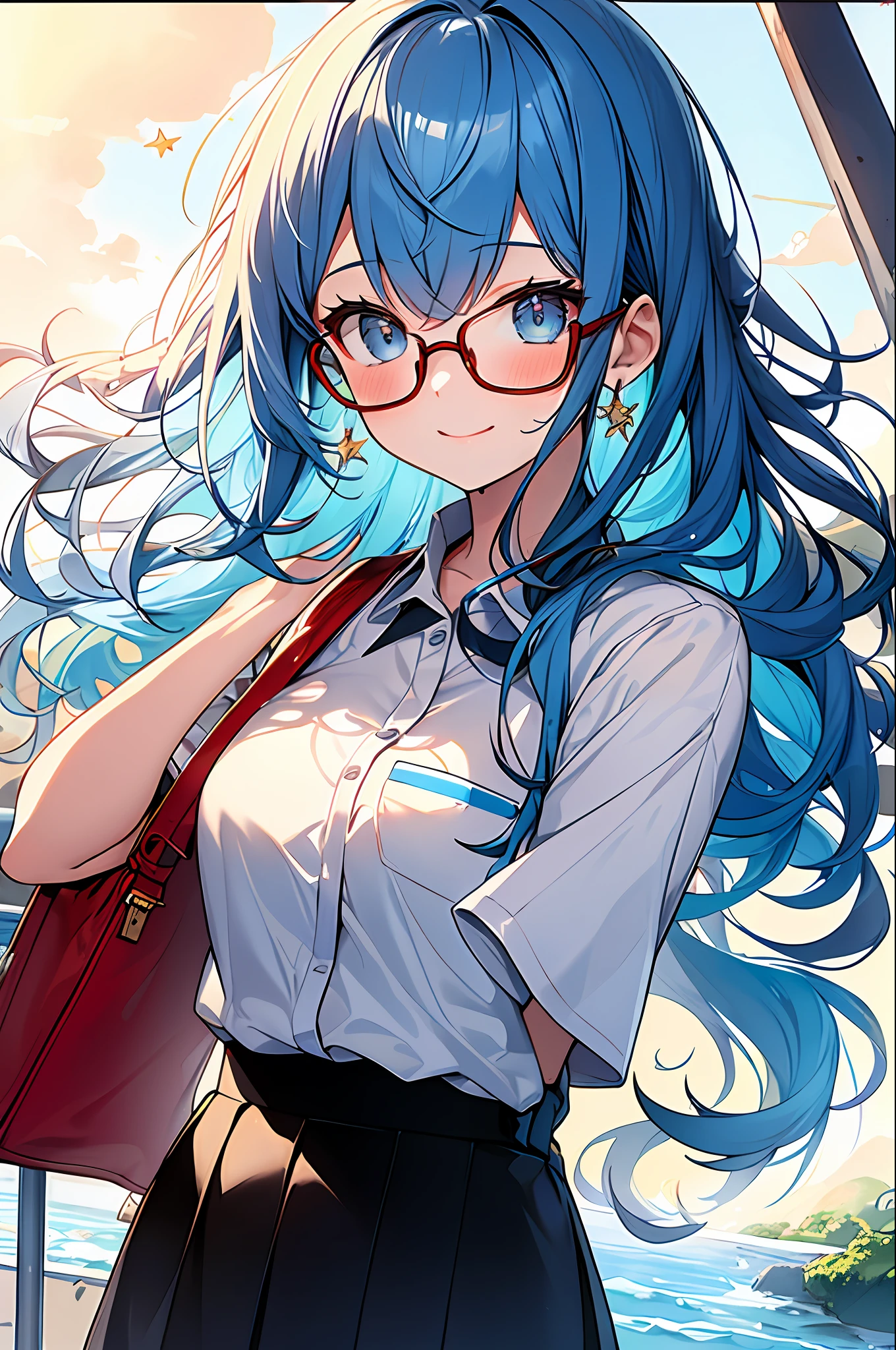 (Masterpiece, Best Quality, Best Quality, Watercolor (Medium), Official Art, Beautiful and Aesthetic: 1.2), (1 Girl: 1.3), (Fractal Art: 1.3), Full Body, Star-shaped Pupil, Viewer's Look, Pattern, (Blue Hair, Light Blue Hair, Half Blue and Half Light Blue Hair: 1.2), Water, Liquid, Cloud, Colorful, Sun, Sunlight, Cheeks Red, Smile, Glasses, Heterochromia, (Colorful: 1.5), Wet, School Uniform, Student Bag