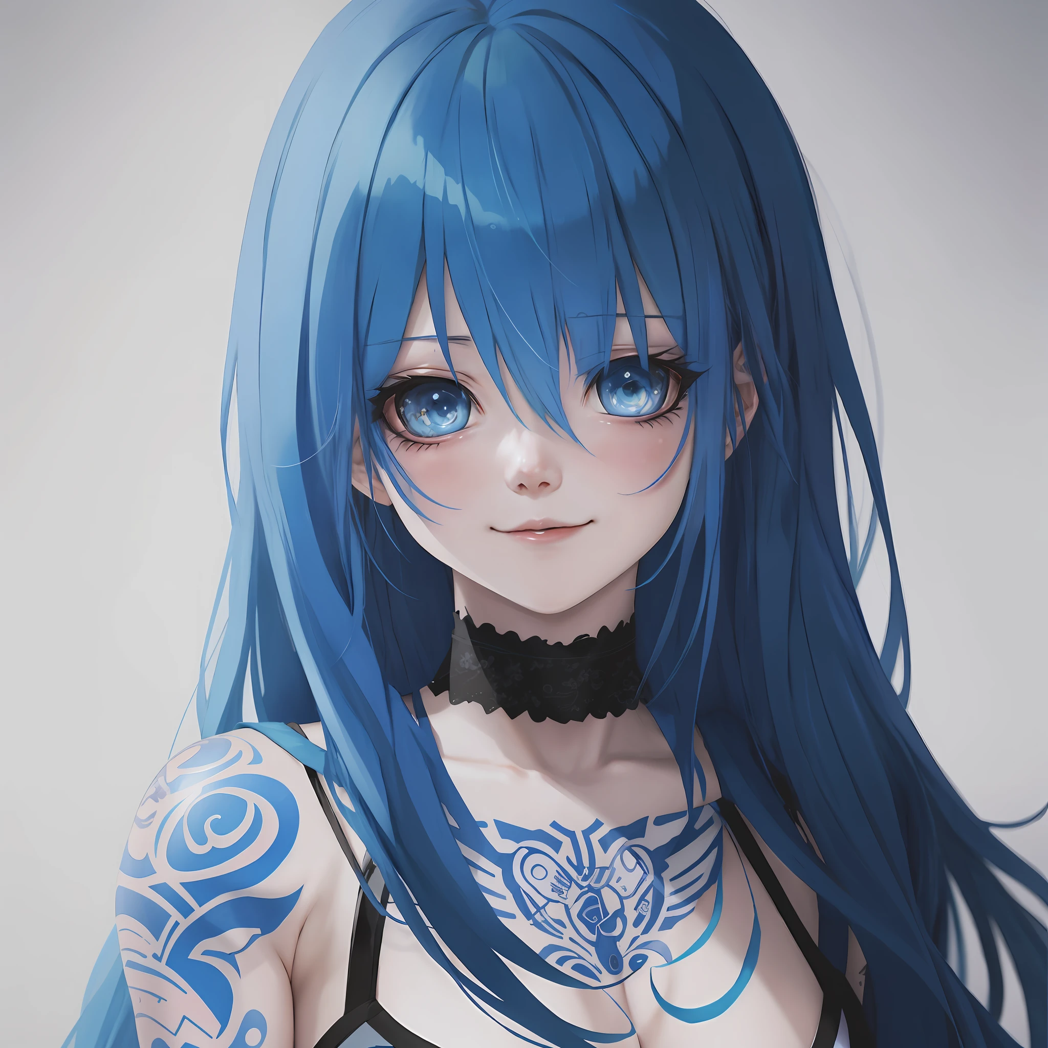 anime girl with blue hair and tattoos posing for a picture, photorealistic anime girl render, smooth anime cg art, girl with blue hair, detailed portrait of anime girl, seductive anime girl, beautiful blue haired girl, detailed digital anime art, mikudayo, clean detailed anime art, portrait of an anime girl, anime style 4 k, azure. detailed hair