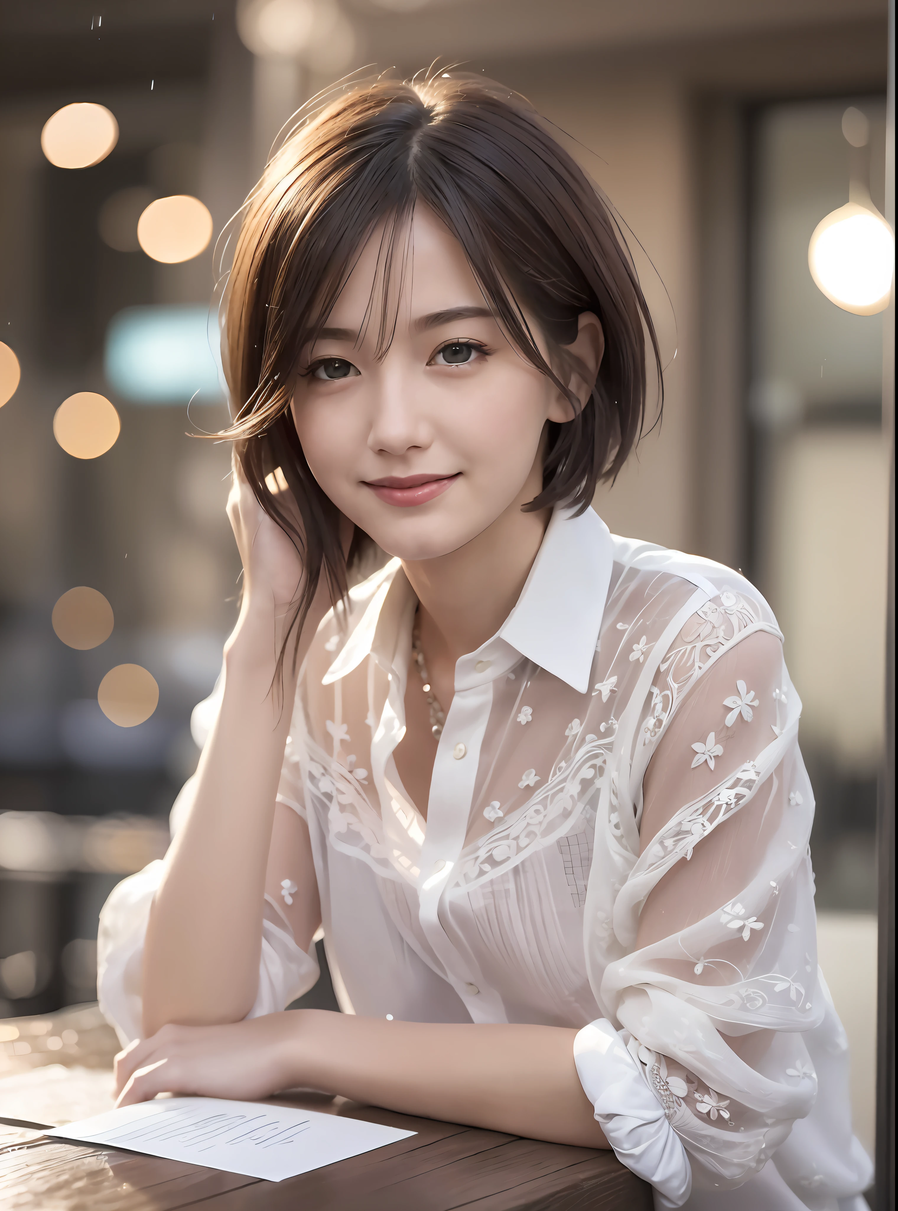 (8k, best quality, masterpiece:1.2), (realistic, photo-realistic:1.37), super detailed, 1 girl, cute, solo, beautiful detailed sky, detailed cafe, night, sitting, dating, ( red nose), (smile: 1.15), (shut up) small chest, beautiful and delicate eyes, (collared shirt: 1.1), night, wet, business attire, rain, white lace, (short hair: 1.2), loose hair NovaFrogStyle ,