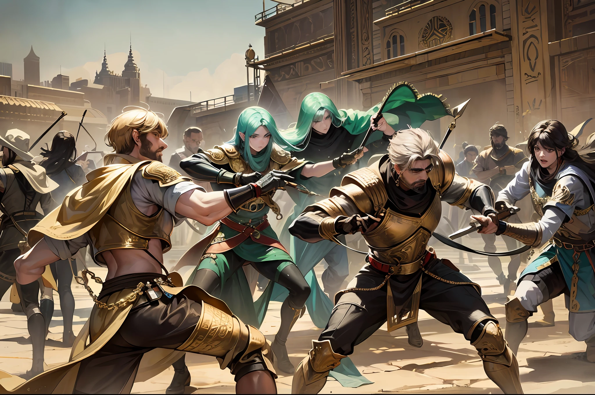 a Babylonian king surrounded by killers in city of Babylon, his guards fighting against the killers, a lot of people running away, dust, realistic, photography, masterpiece, bronze age --auto --s2