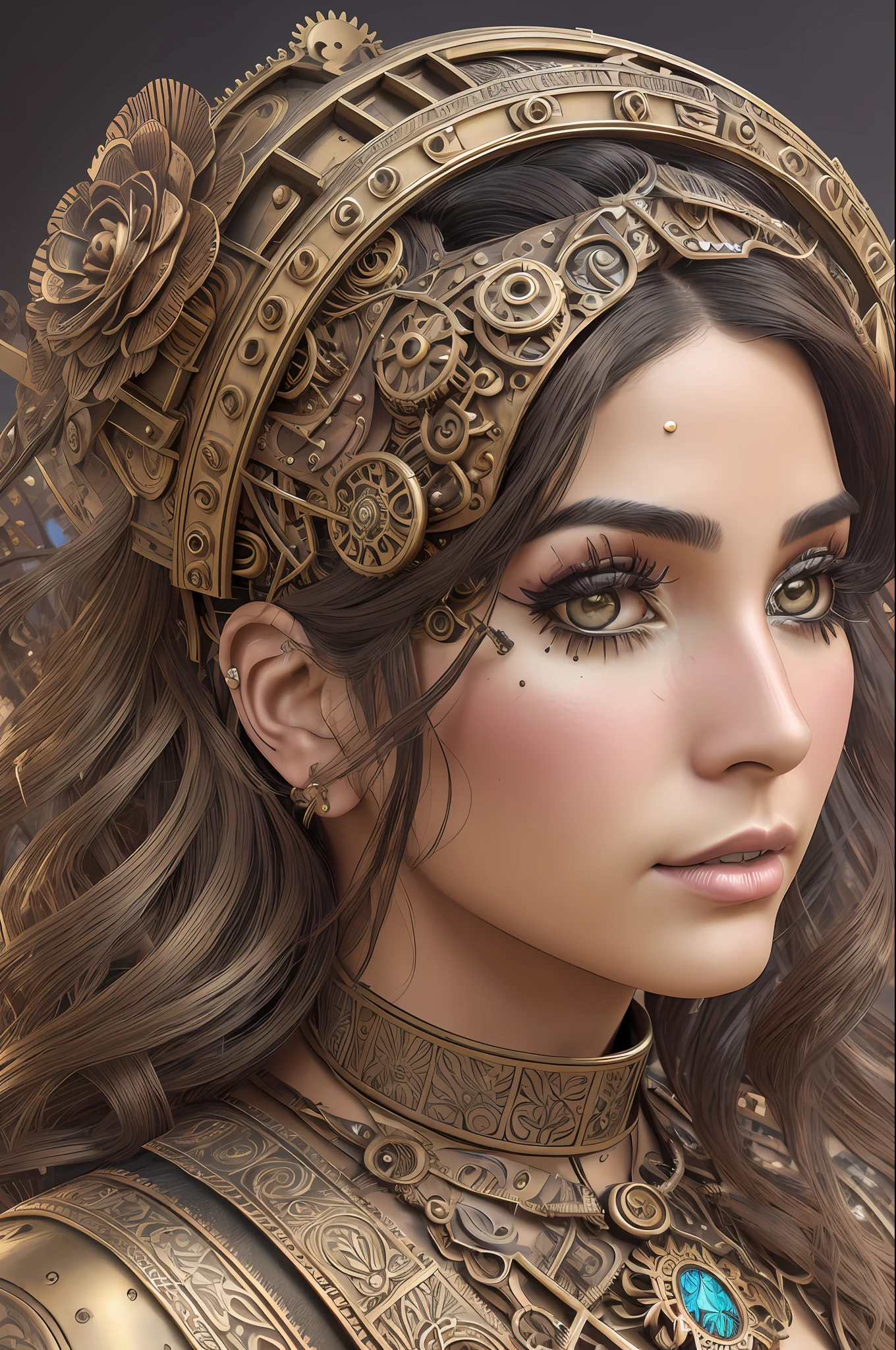 nvinkpunk, floral, steampunk (((Latina young-aged woman))), insanely beautiful woman, masterpiece, best quality, ((detailed face)), long messy hair, bronze colors, bright eyes, ((award winning)), (High Detail), Sharp, 8k, trending on artstation, intricate, floral - ar 3:4 --auto --s2