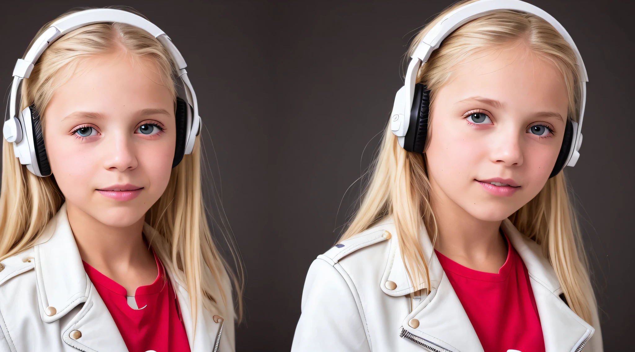 GIRL CHILD 8 YEARS OLD, RUSSIAN STYLE BLONDE HEADPHONES, WHITE LEATHER JACKET, MESSY SHOULDER LENGTH BLONDE HAIR, RED BACKGROUND, BROWN EYES, HAPPY, CLEAN DETAILED FACES, INTRACATE CLOTHES, ANALOGOUS COLORS, BRIGHT SHADOWS, BEAUTIFUL GRADIENT, DEPTH OF FIELD, CLEAN IMAGE, HIGH QUALITY, HIGH DETAIL, HIGH DEFINITION, LUMINOUS STUDIO GRAPHICS ENGINE, BEAUTIFUL FACE