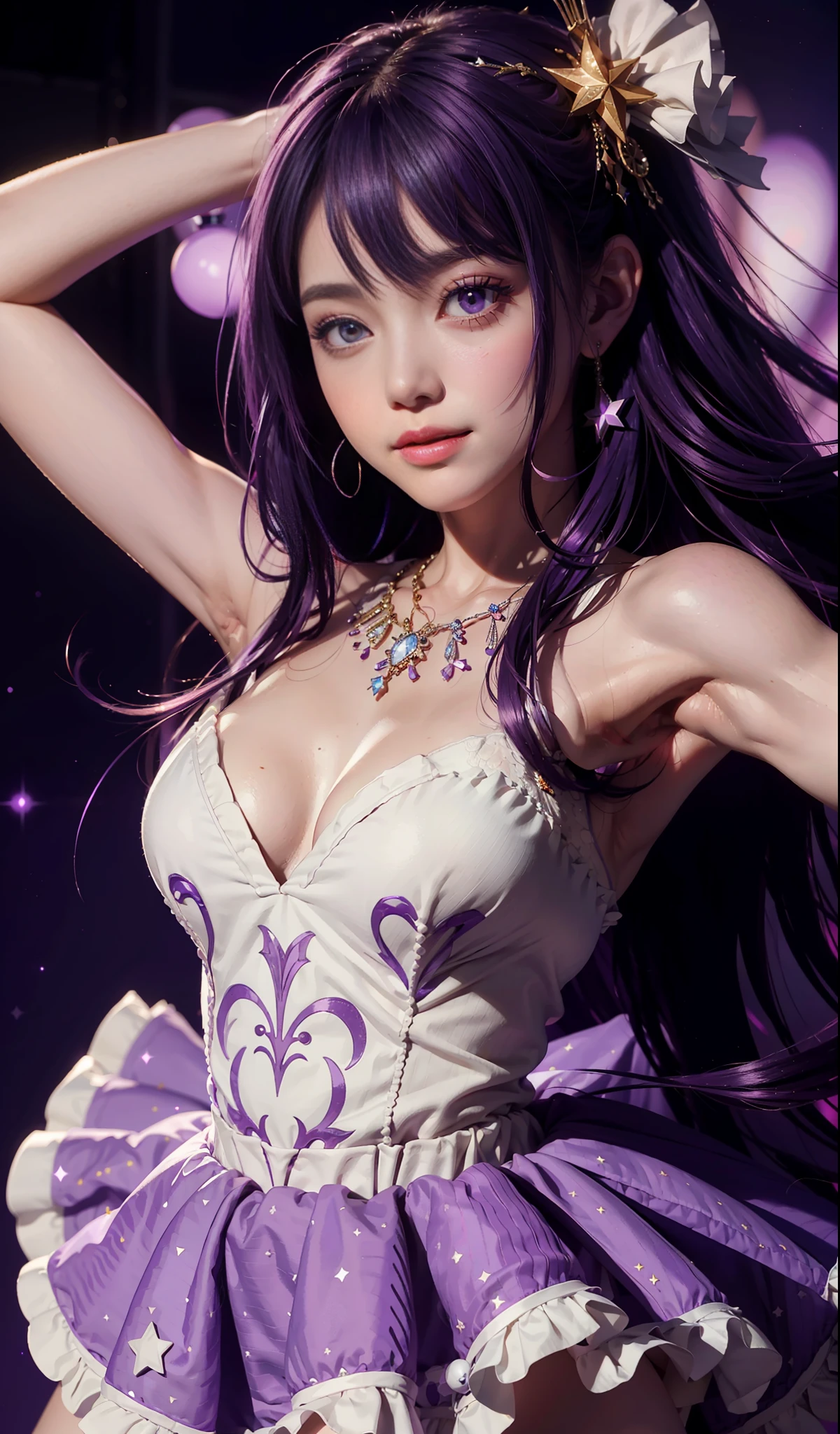 (Purple gloves: 1.4), (20 years old) (1 Girl: 0.6) Ai Hoshino, (Girl in Purple Dress, Idol Style, Anime Moe Art Style), (Movie Quality: 0.3), Anime Girl, Singer, Purple Eyes, (Star Pupil) Magical Girl, Zero Sauce Art, (White Clothes), Short Purple Hair, Bare Legs, (Stars), (Exquisite Facial Features: 0.6), Head Decoration, (Delicate Hands: 0.9), White Dress, (Big Eyes: 0.5), Singing, Smiling, Stage Lighting, Standing, High Heels, (Pattern Decoration on the Head), Normal head, (tall long legs: 0.8), (long purple hair: 0.5), (shawl radiance), (diamond shine: 0.9), squat
