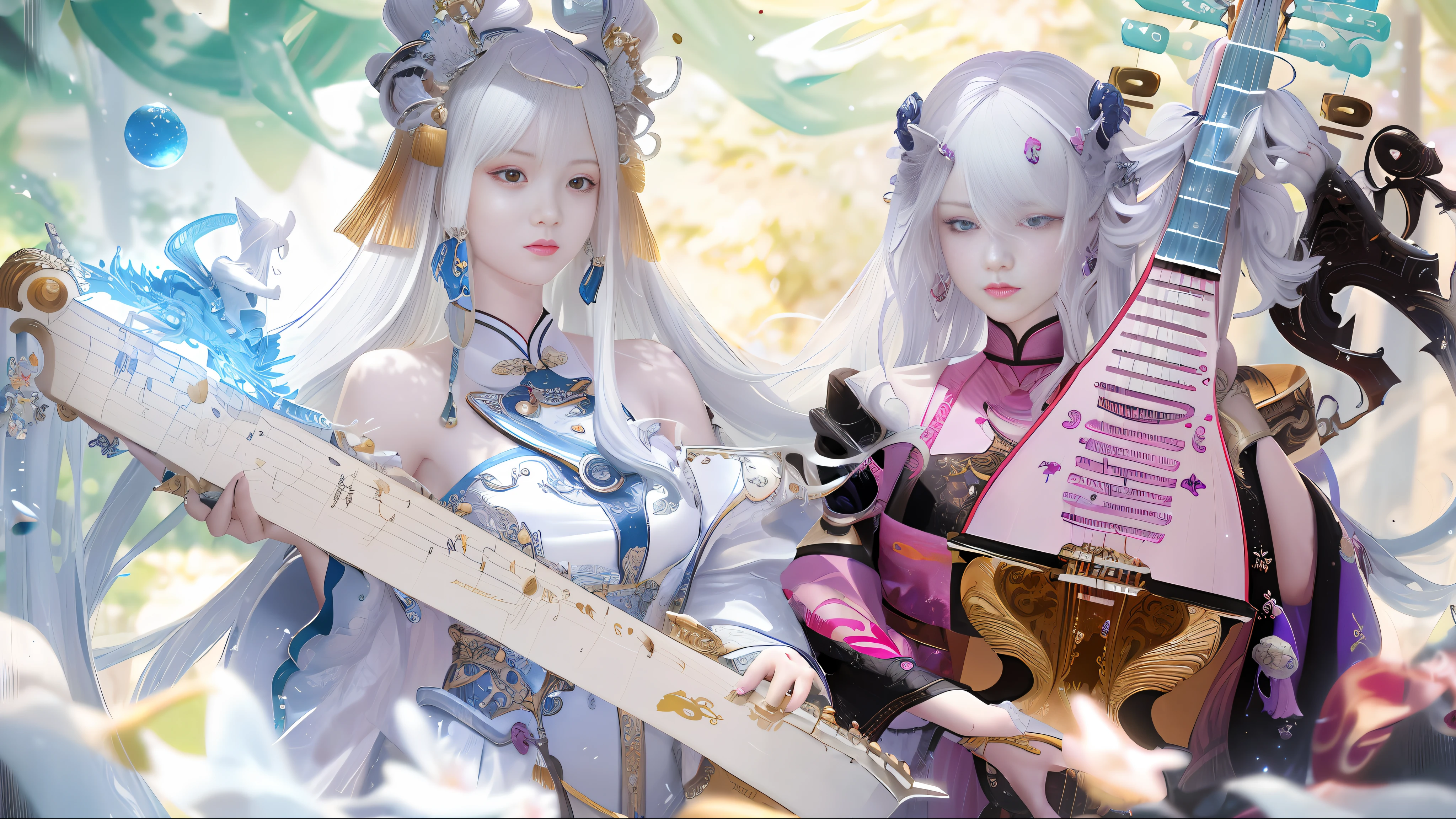 a picture inspired by Wang Duo, trending on cg society, (fantasy violin), world of lute, ethereal fantasy, queen and ruler of the universe, xianxia fantasy, guweiz masterpiece, guweiz, fantasy violin, wlop and sakimichan, Two ancient girls, white hair, rococo, motion blur, speed lines, vignetting, motion blur, UHD, retina, high details, best quality, 4K, best quality, highres, high details, high quality, 4K