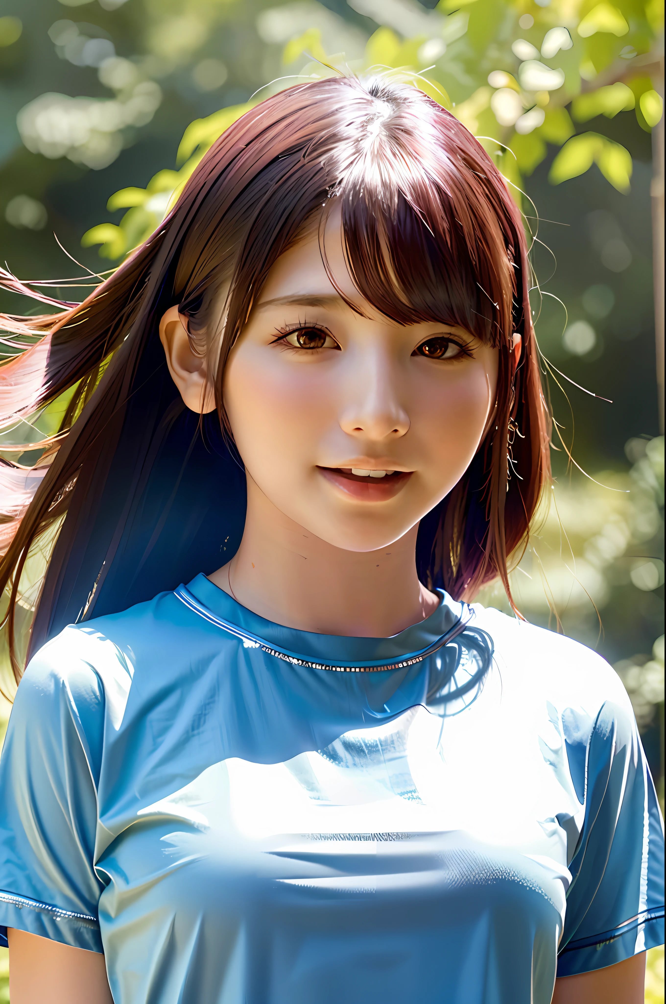 8k, best quality, ultra realistic,(photorealistic:1.37),high res,1girl, (t-shirt:1.5),(floating hair:1.3), (skindentation), (professional lighting),(huge breasts:1.2),ultra-detailed,(shiny skin:1.25),(plump:1.25), (blouse:1.35), (light particles, lens flare, glowing particles:0.6),(floating hair:1.2),(dynamic pose:1.15), specular lighting, soft lighting, sunlight, looking at viewer, (small head:1.47), pureerosface_v1