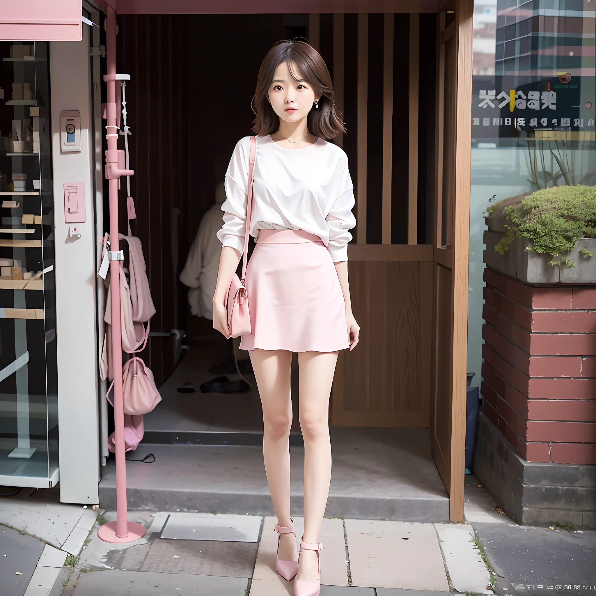 araffe woman in a pink skirt and white shirt is standing outside of a building, feminine in cute pastel shades, taken with canon eos 5 d mark iv, taken with canon 5d mk4, korean women's fashion model, sakimichan hdri, taken with canon 8 0 d, pink skirt, feminine in pastel shades