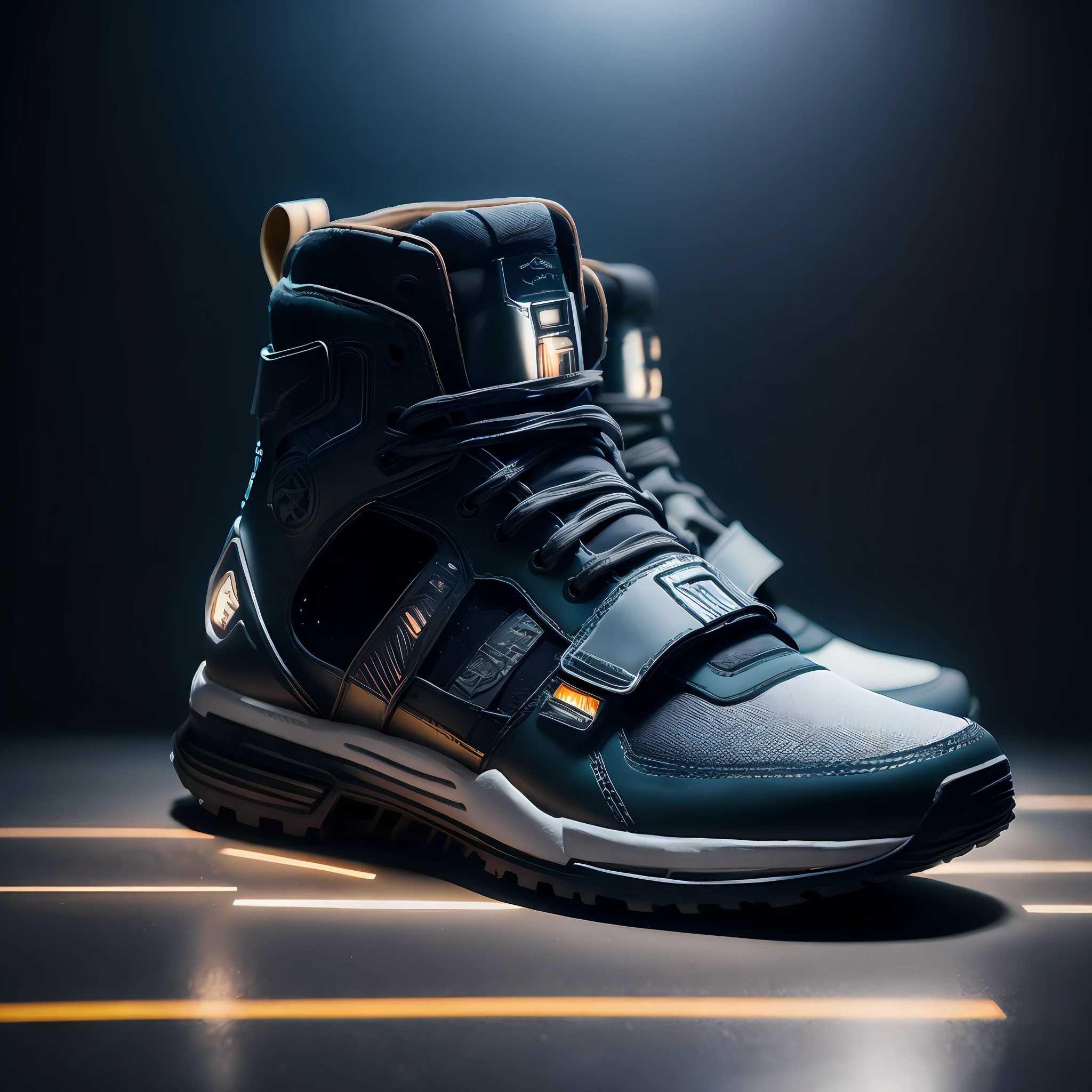 product photography of a cybepunk sneaker, based on mandalorian, epic rendering, by star wars, octane, atmosphere, particles, soft volumetric lights, (backlit: 1.3), (cinematics: 1.3), intricate details, (ArtStation: 1.3), studio light