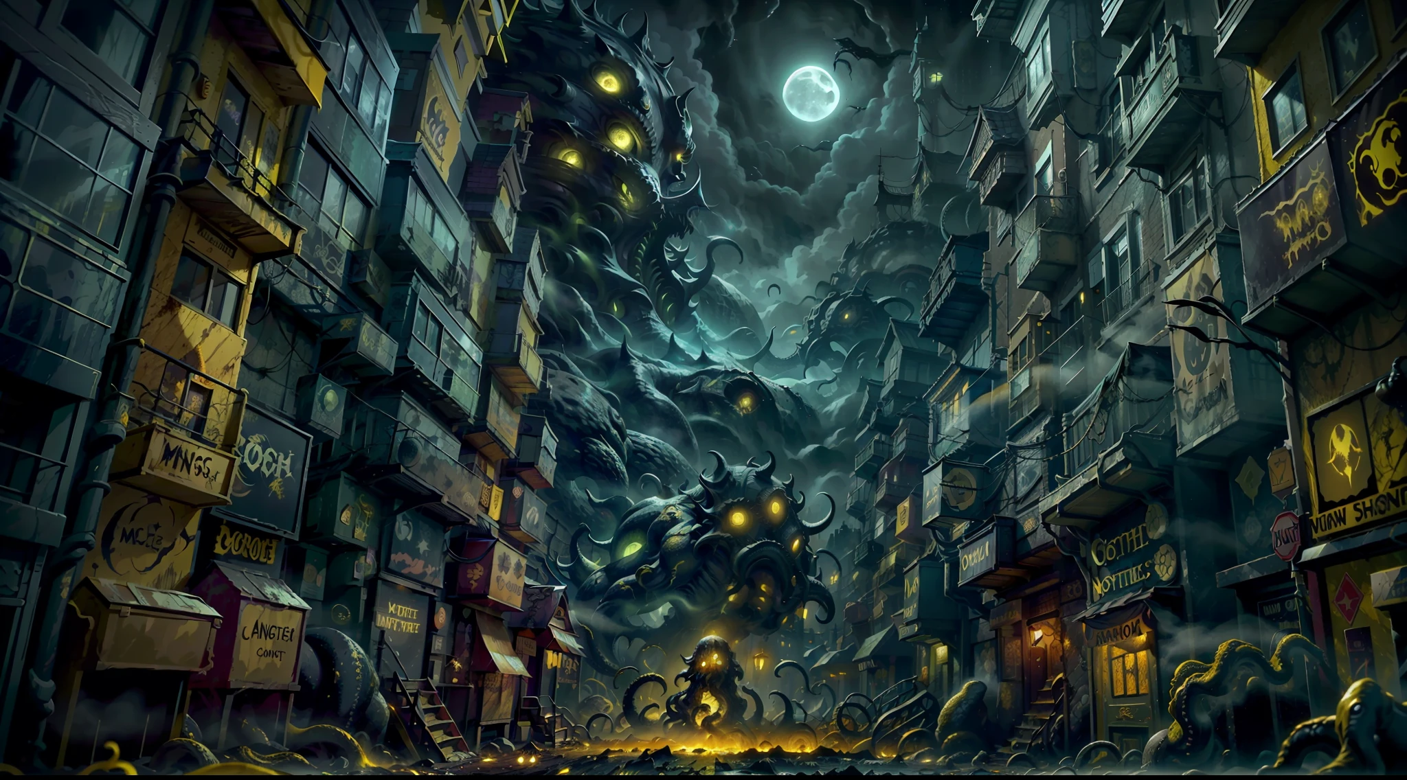 yellow and black, mystical monster, cosmic horror, monstrous creature, Lovecraft, with disgusting tentacles, surrounded by yellow fog, dark shadows, moss and blood, in the streets of a dark city, night