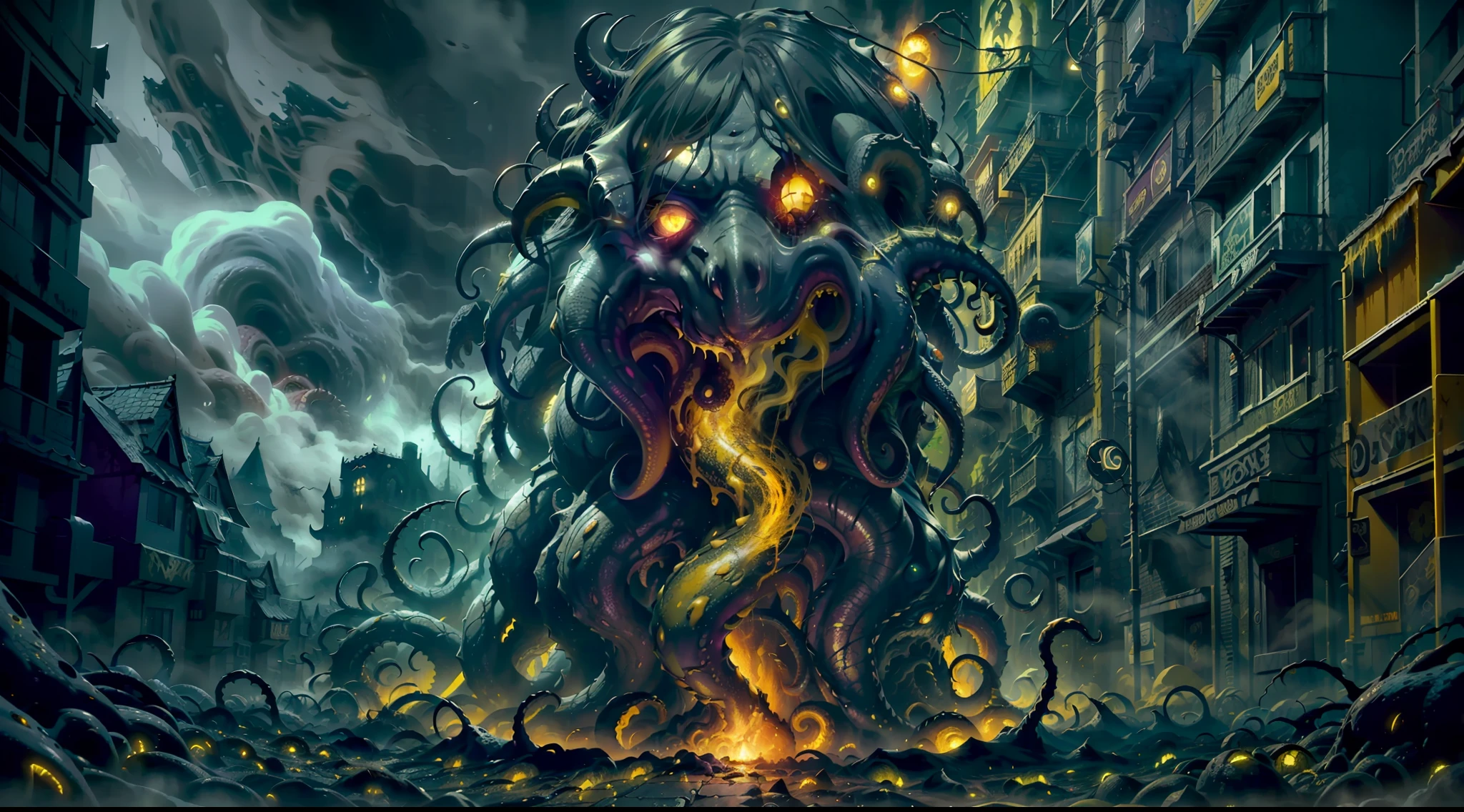 yellow and black, mystical monster, cosmic horror, monstrous creature, Lovecraft, with disgusting tentacles, surrounded by yellow fog, dark shadows, moss and blood, in the streets of a dark city, night